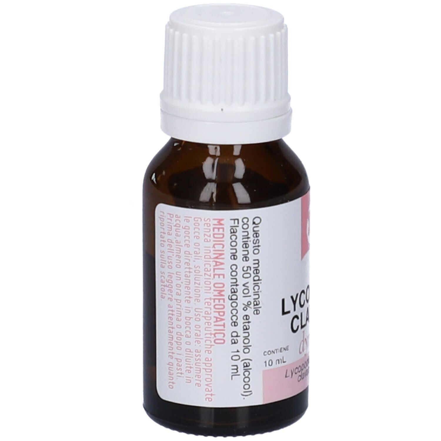 Flacone di vetro marrone con tappo bianco. Etichetta con testo e accenti rosa. Contiene 50% etanolo.