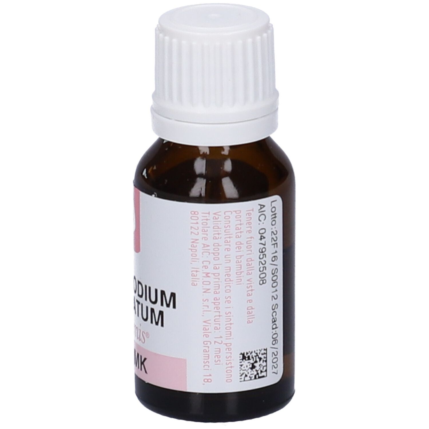 Flacone di vetro marrone con tappo bianco. Etichetta con testo e accenti rosa. Codice QR e altre informazioni.