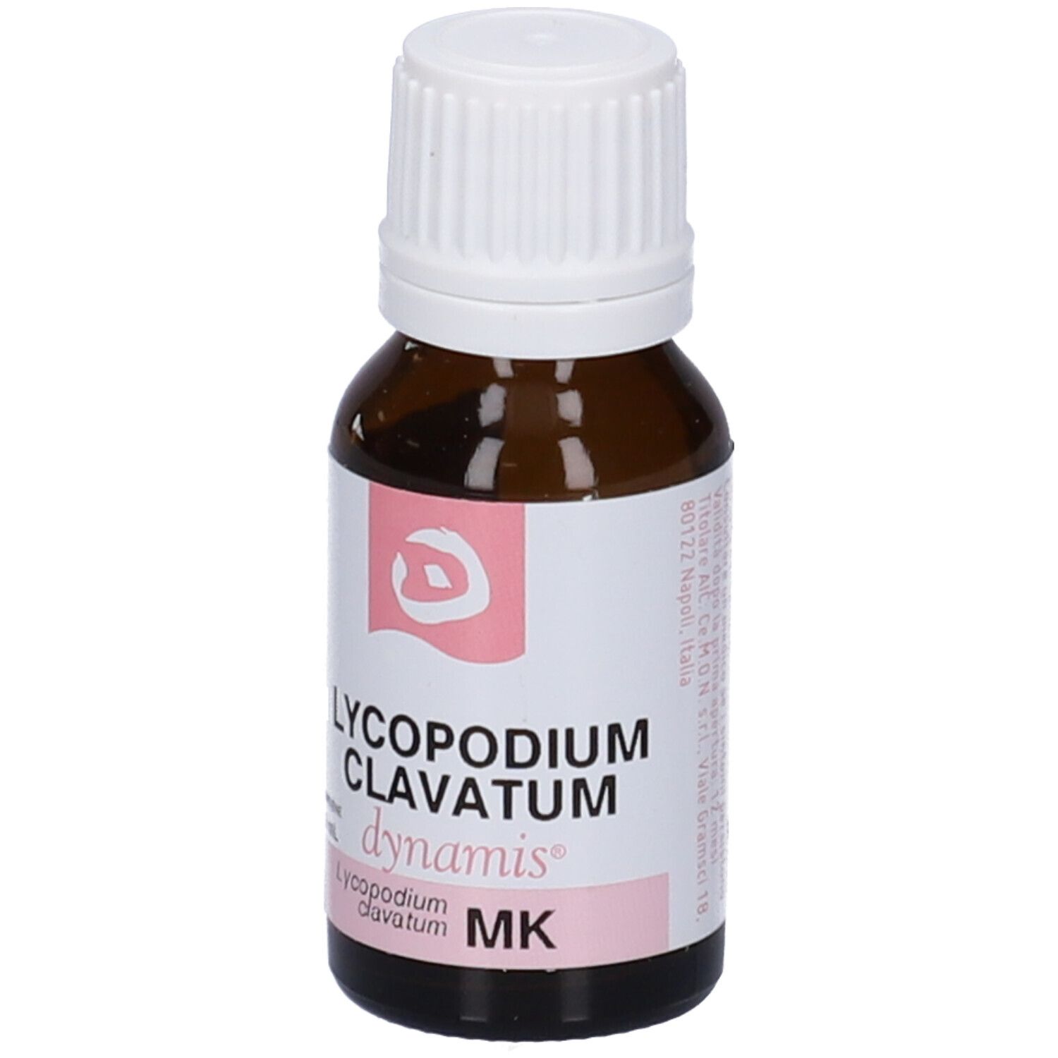 Flacone di vetro marrone con tappo bianco. Etichetta con testo e accenti rosa. Nome prodotto: Lycopodium Clavatum.