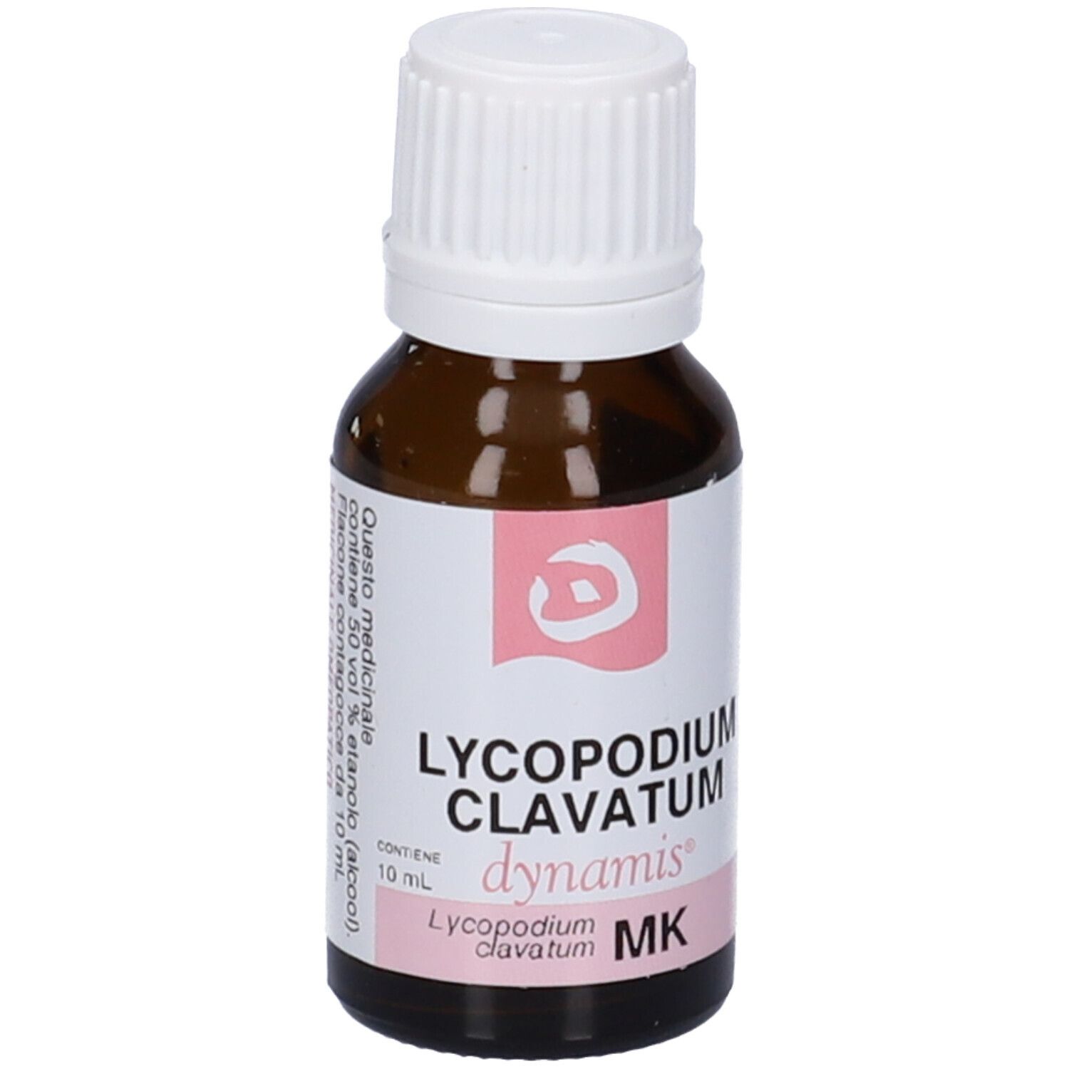 Flacone di vetro marrone con tappo bianco. Etichetta con testo e accenti rosa. Nome prodotto: Lycopodium Clavatum.