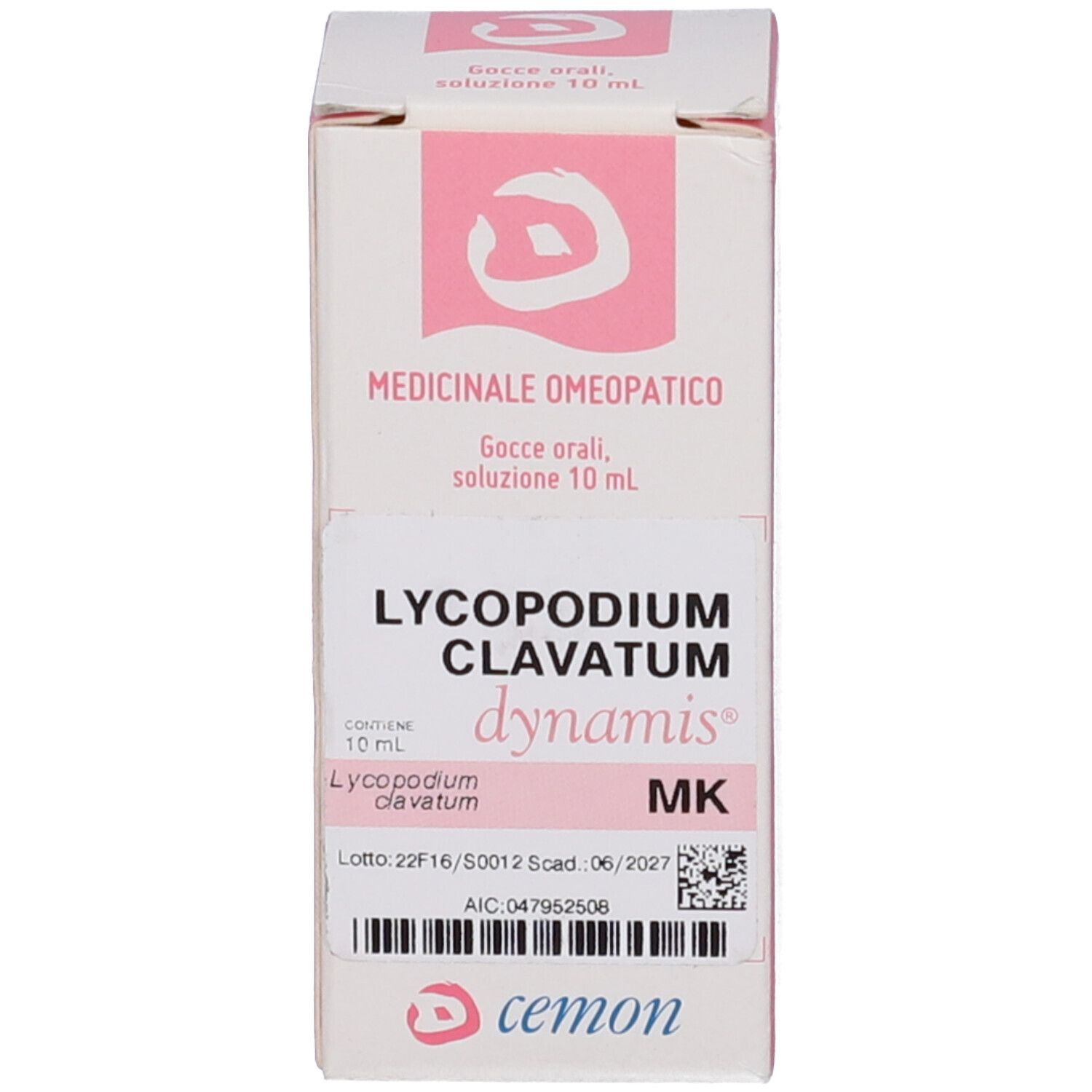Confezione bianca con accenti rosa. Testo: Lycopodium Clavatum, dynamis, MK. Logo: Cemon.