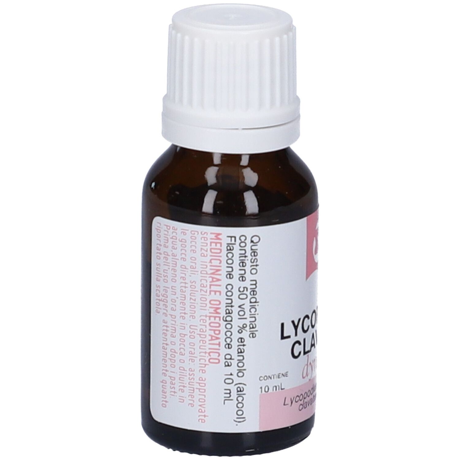 Flacone in vetro ambrato con tappo a vite bianco, 10 ml, Lycopodium Clavatum 4 LM.