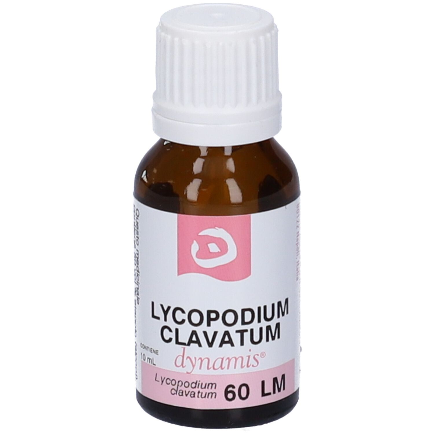 Flacone di vetro marrone con tappo bianco. L'etichetta riporta "LYCOPODIUM CLAVATUM dynamis 60 LM".
