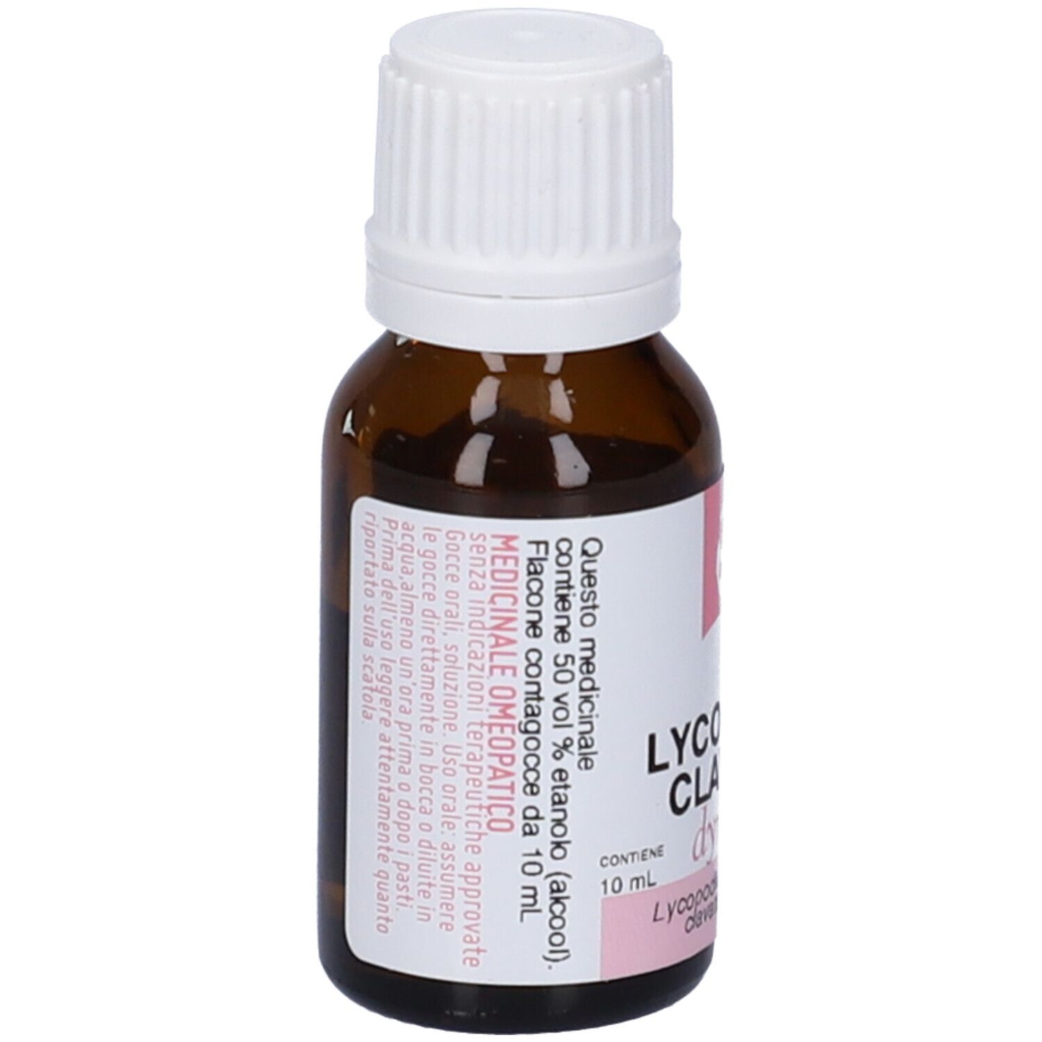 Flacone di vetro marrone con tappo bianco. L'etichetta riporta "LYCOPODIUM CLAVATUM dynamis 60 LM".