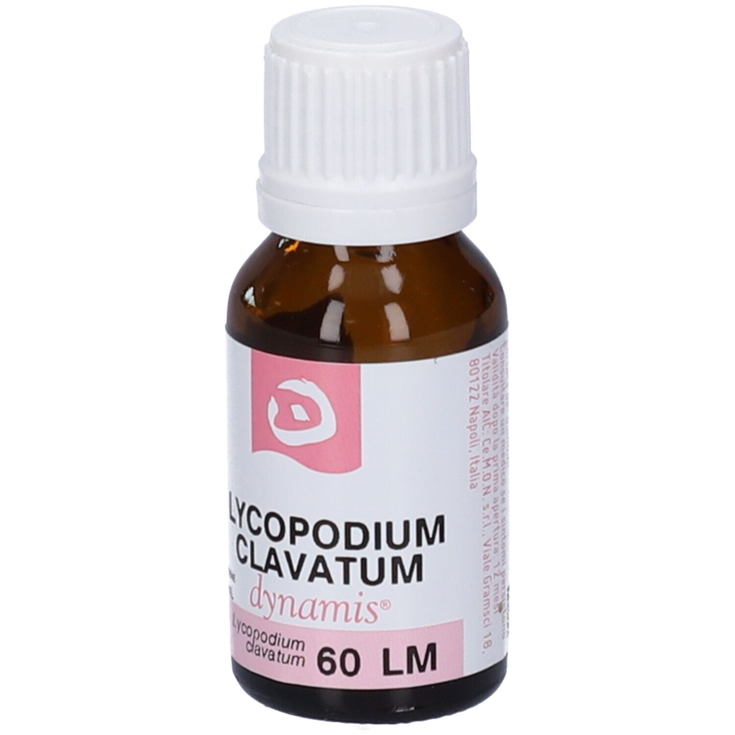 Flacone di vetro marrone con tappo bianco. L'etichetta riporta "LYCOPODIUM CLAVATUM dynamis 60 LM".