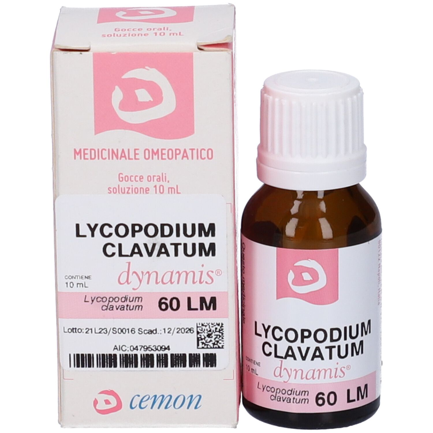 Flacone di vetro marrone con tappo bianco ed etichetta rosa. Accanto, una scatola rosa e bianca con informazioni.