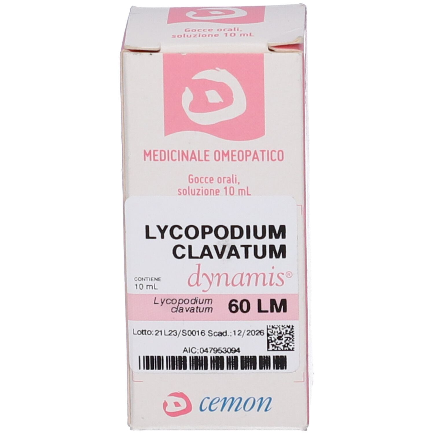 Scatola rosa e bianca con informazioni. Sul fronte c'è scritto "LYCOPODIUM CLAVATUM dynamis 60 LM".