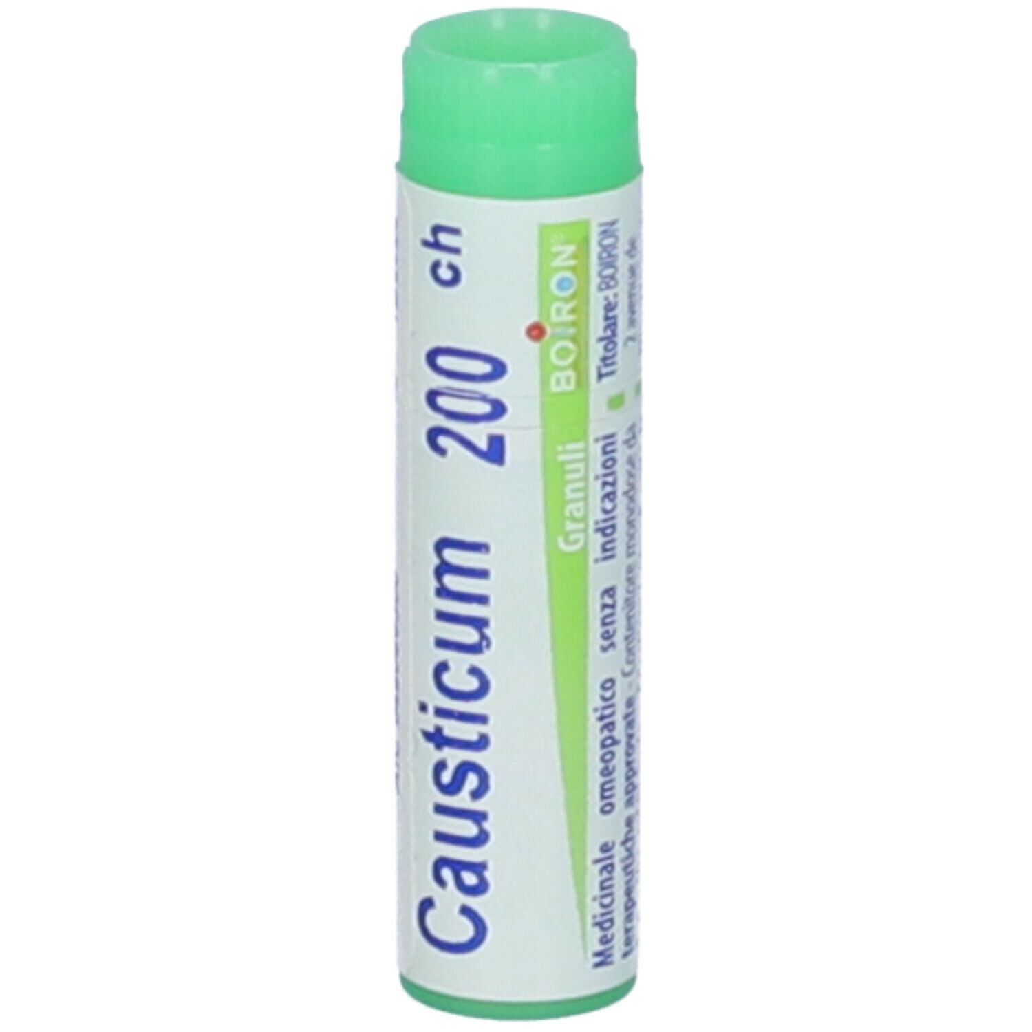 Tubo cilindrico con tappo verde. Scritta: Causticum 200 ch, Granuli, BOIRON.