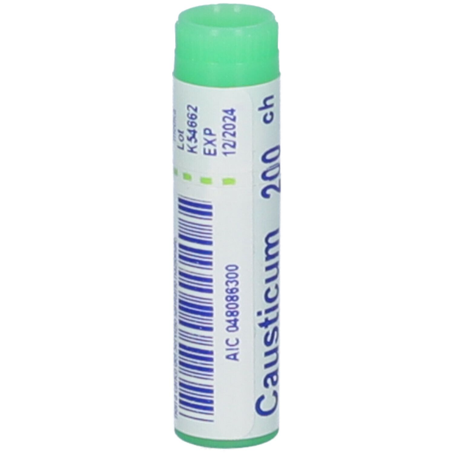 Tubo cilindrico con tappo verde. Scritta: Causticum 200 ch. Etichetta con informazioni.