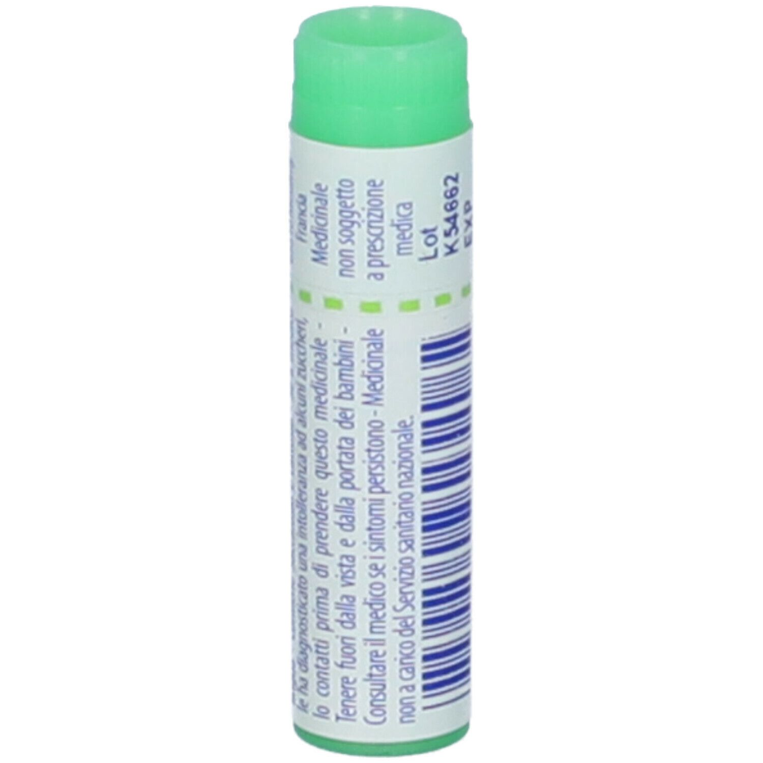 Tubo cilindrico con tappo verde. Scritta: Causticum 200 ch. Etichetta con informazioni.