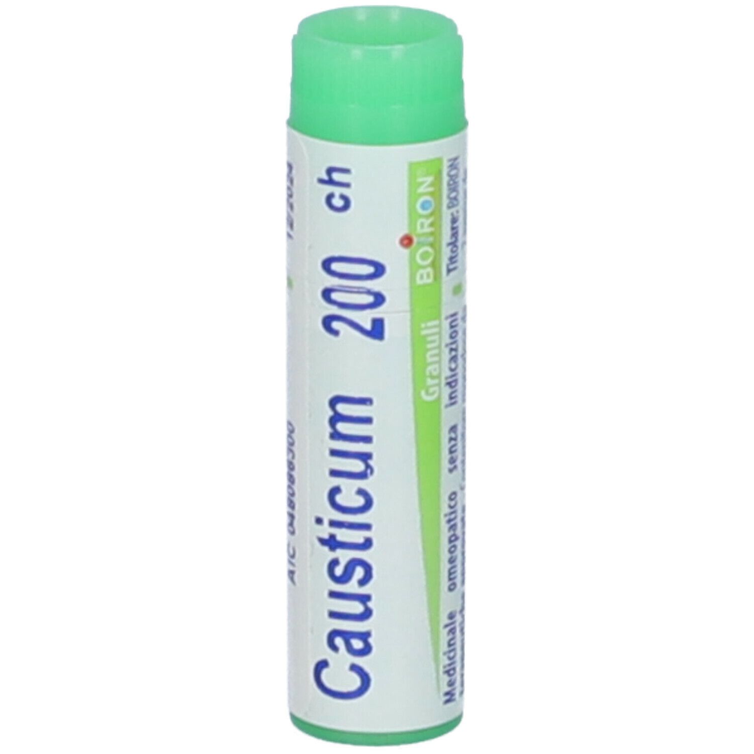 Tubo cilindrico con tappo verde. Scritta: Causticum 200 ch, Granuli, BOIRON.