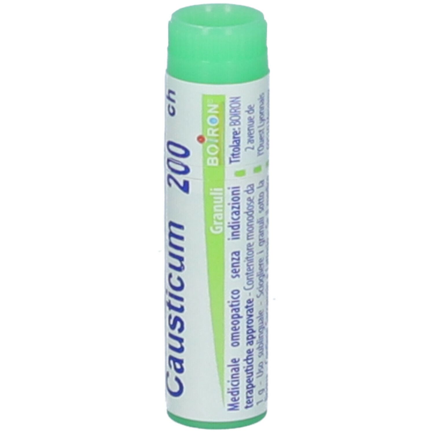 Tubo cilindrico con tappo verde. Scritta: Causticum 200 ch, Granuli, BOIRON.