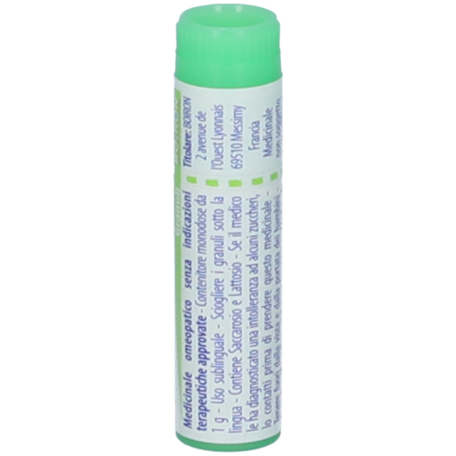 Tubo cilindrico con tappo verde. Scritta: Causticum 200 ch. Informazioni e ingredienti.