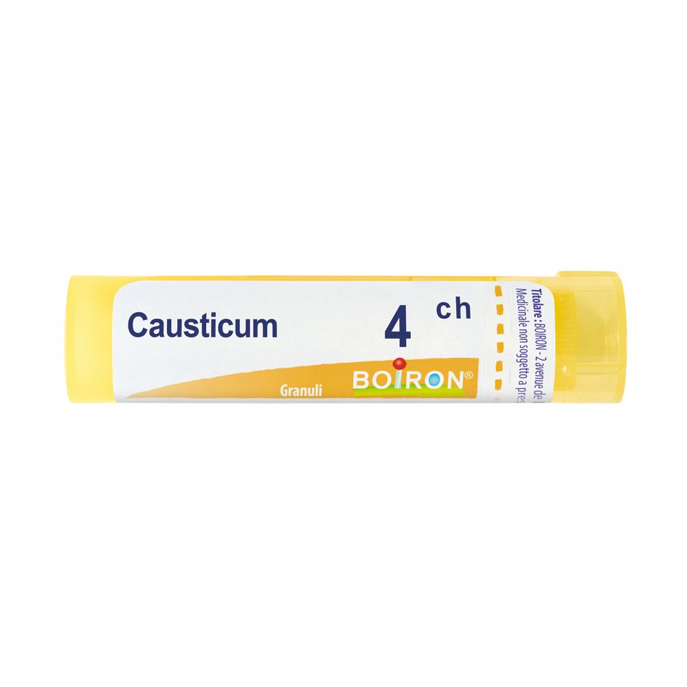 Tubo giallo con etichetta bianca. Scritta: Causticum 4 ch, Granuli, BOIRON. Confezione del prodotto.