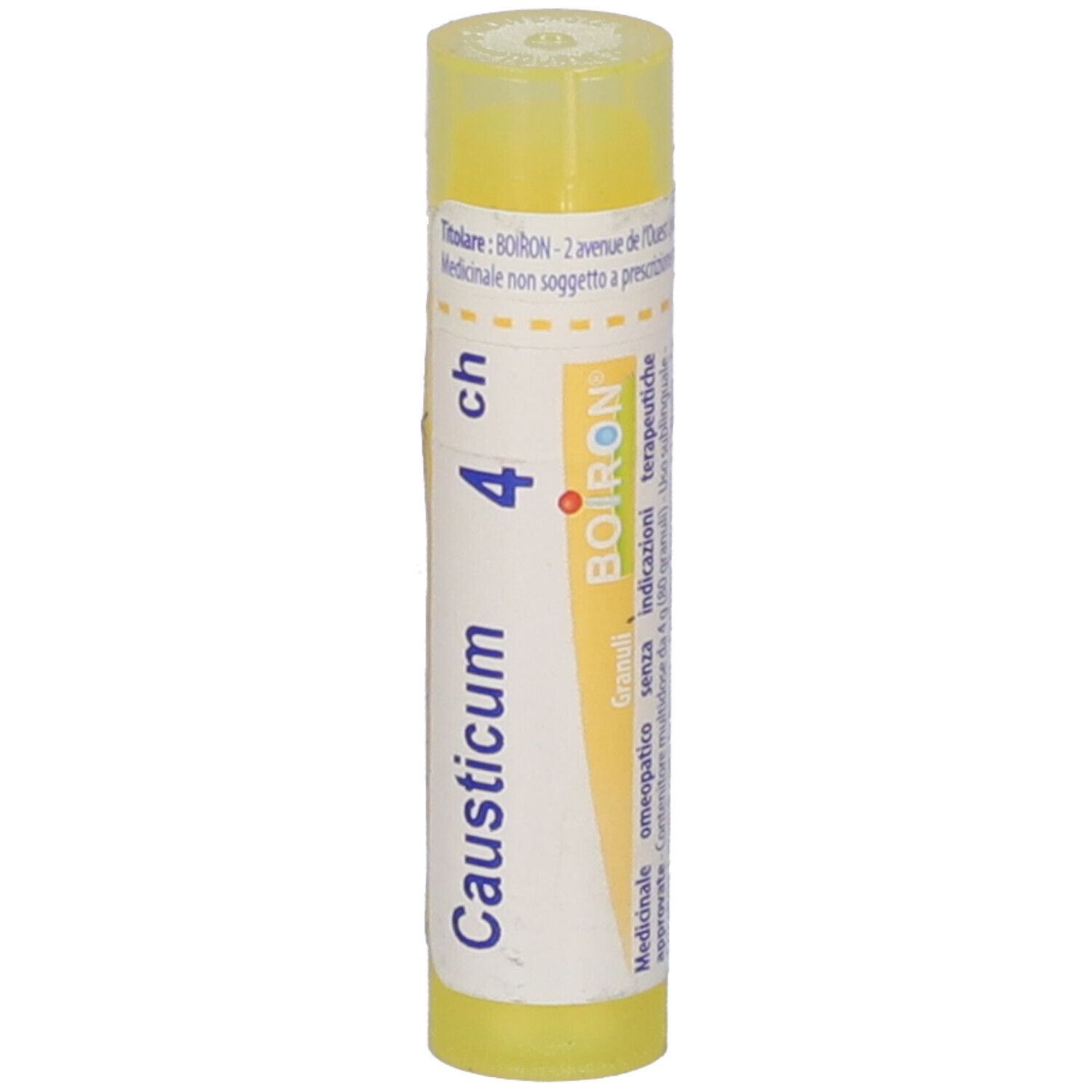 Tubo giallo con scritta bianca. Scritta: Causticum 4 ch, BOIRON. Confezione del prodotto.