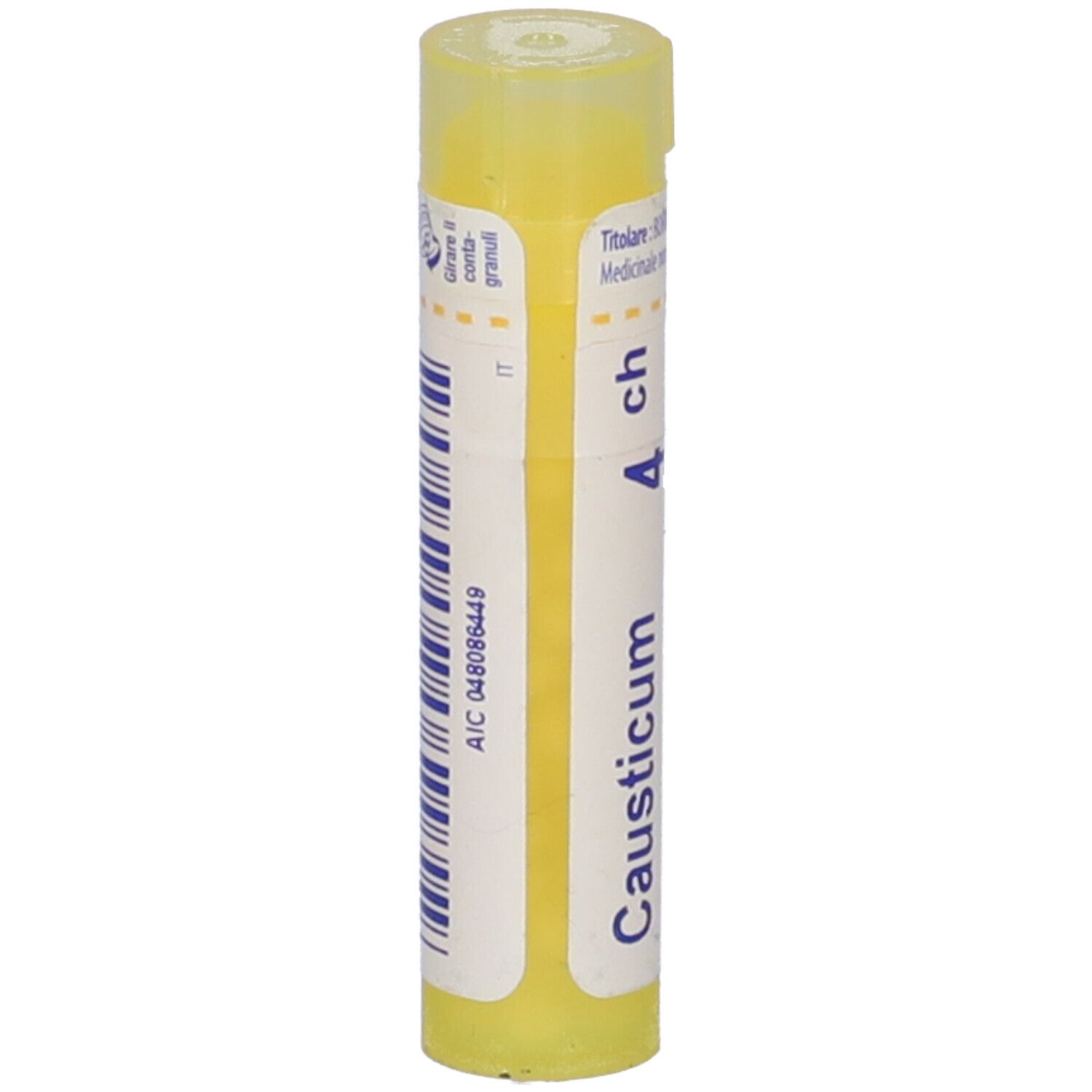 Tubo giallo con etichetta bianca e codice a barre. Scritta: Causticum 4 ch. Confezione del prodotto.