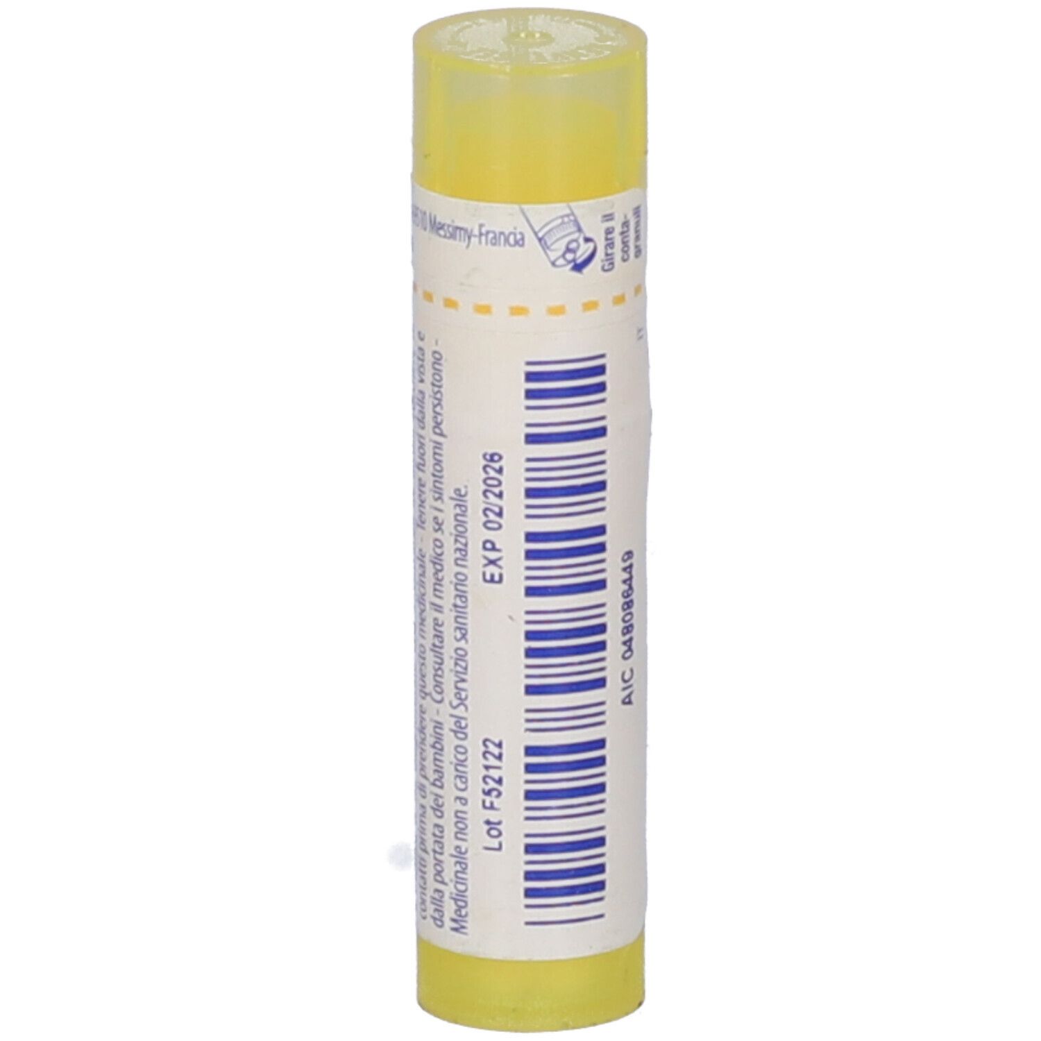 Tubo giallo con etichetta bianca e codice a barre. Scritta: Causticum 4 ch. Confezione del prodotto.