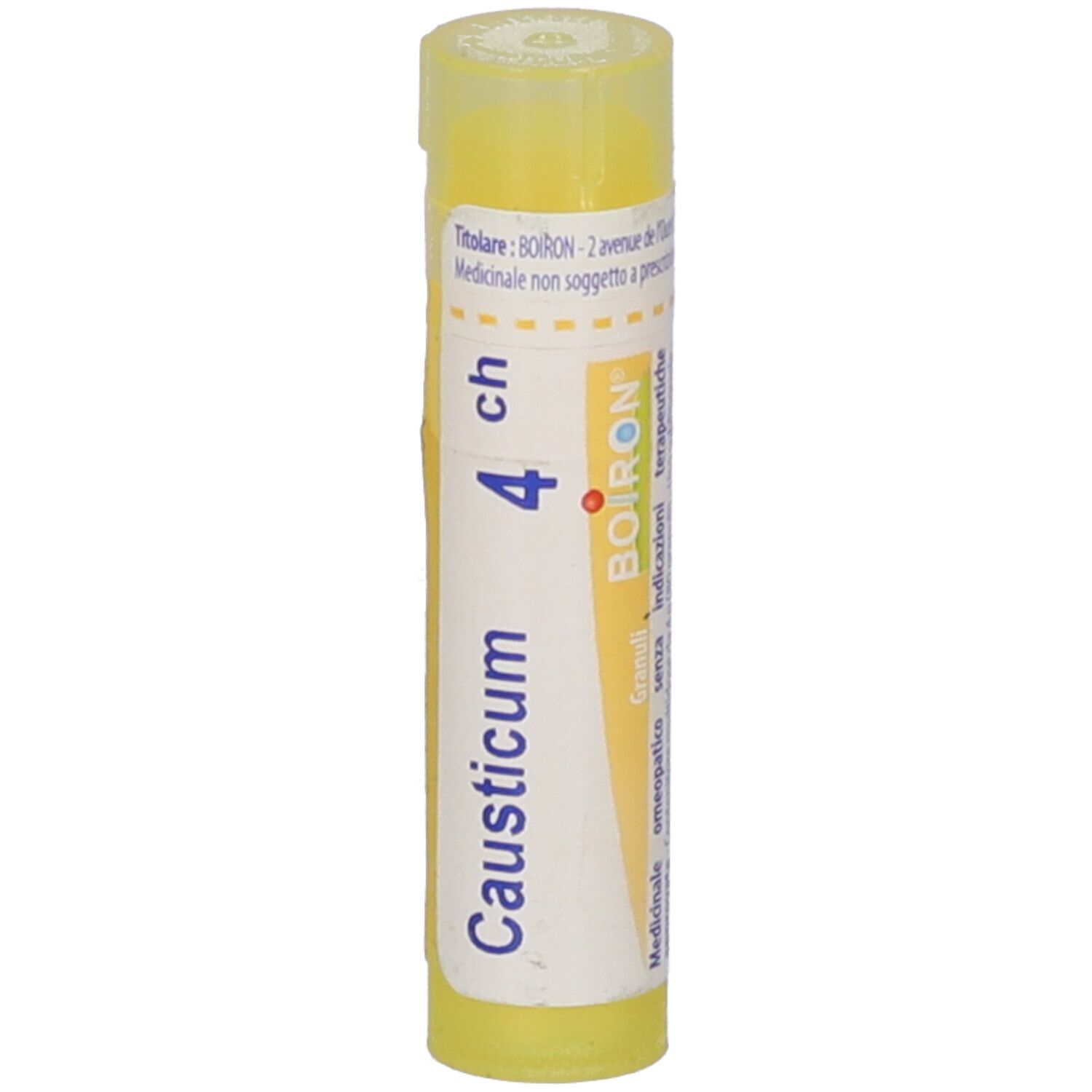 Tubo giallo con scritta bianca. Scritta: Causticum 4 ch, BOIRON. Confezione del prodotto.