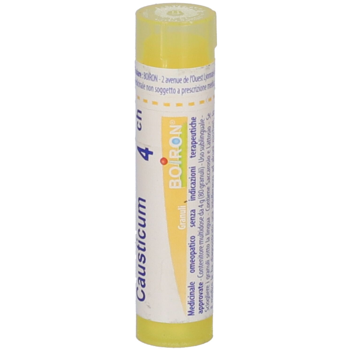 Tubo giallo con scritta bianca. Scritta: Causticum 4 ch, BOIRON. Confezione del prodotto.