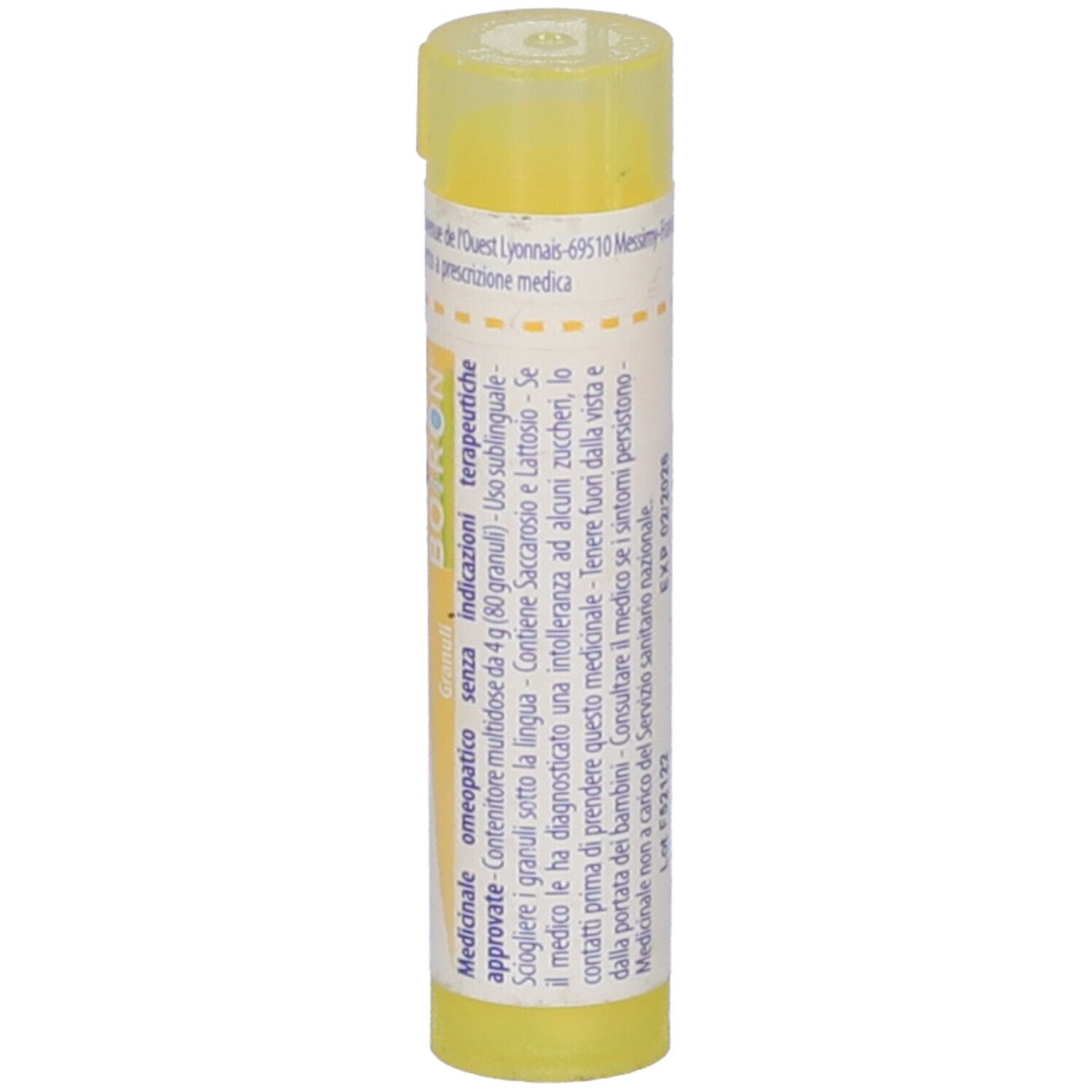 Tubo giallo con scritta bianca. Scritta: Causticum 4 ch, BOIRON. Confezione del prodotto.