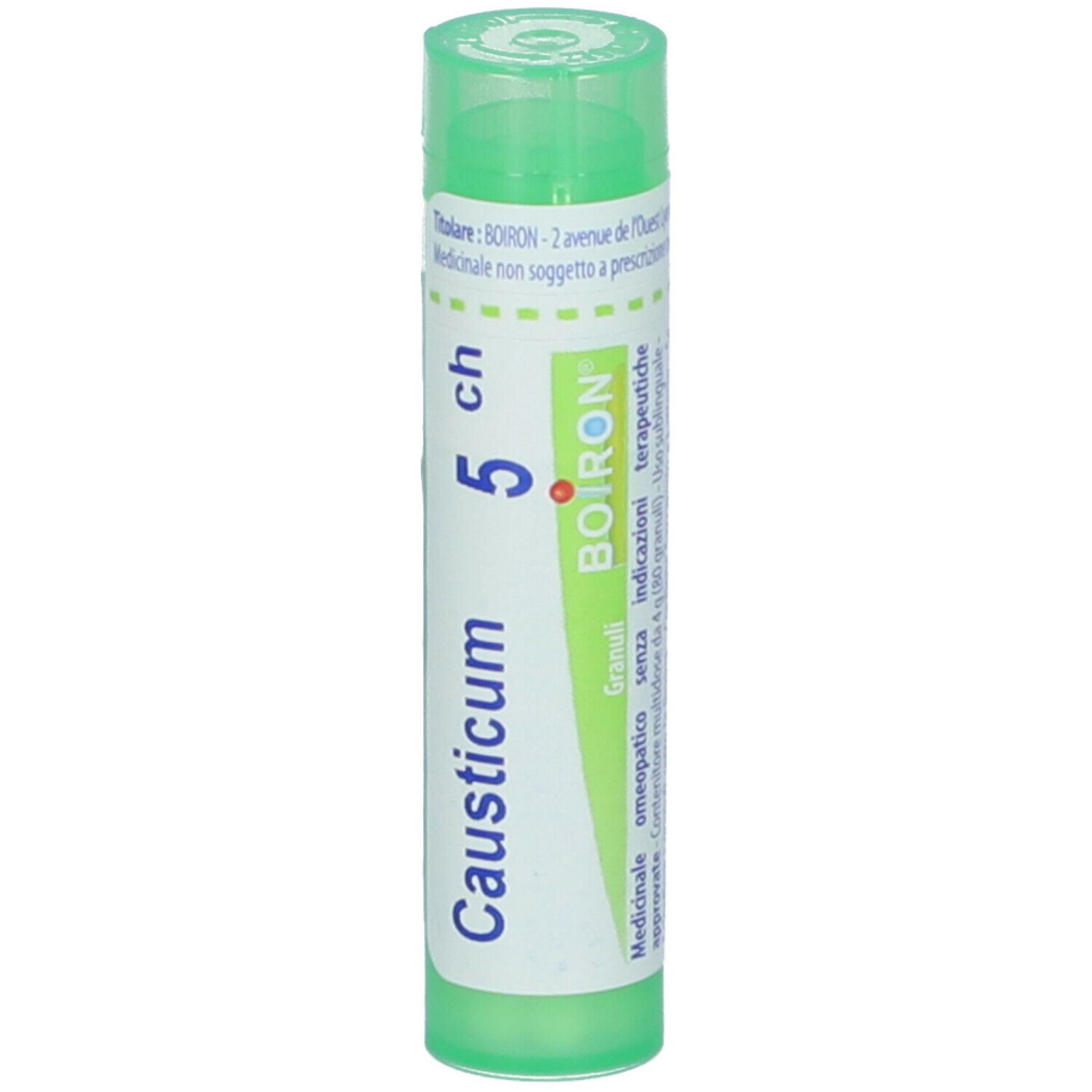 Confezione cilindrica, tappo verde. Scritta: Causticum 5 ch, BOIRON. Etichetta con informazioni prodotto.