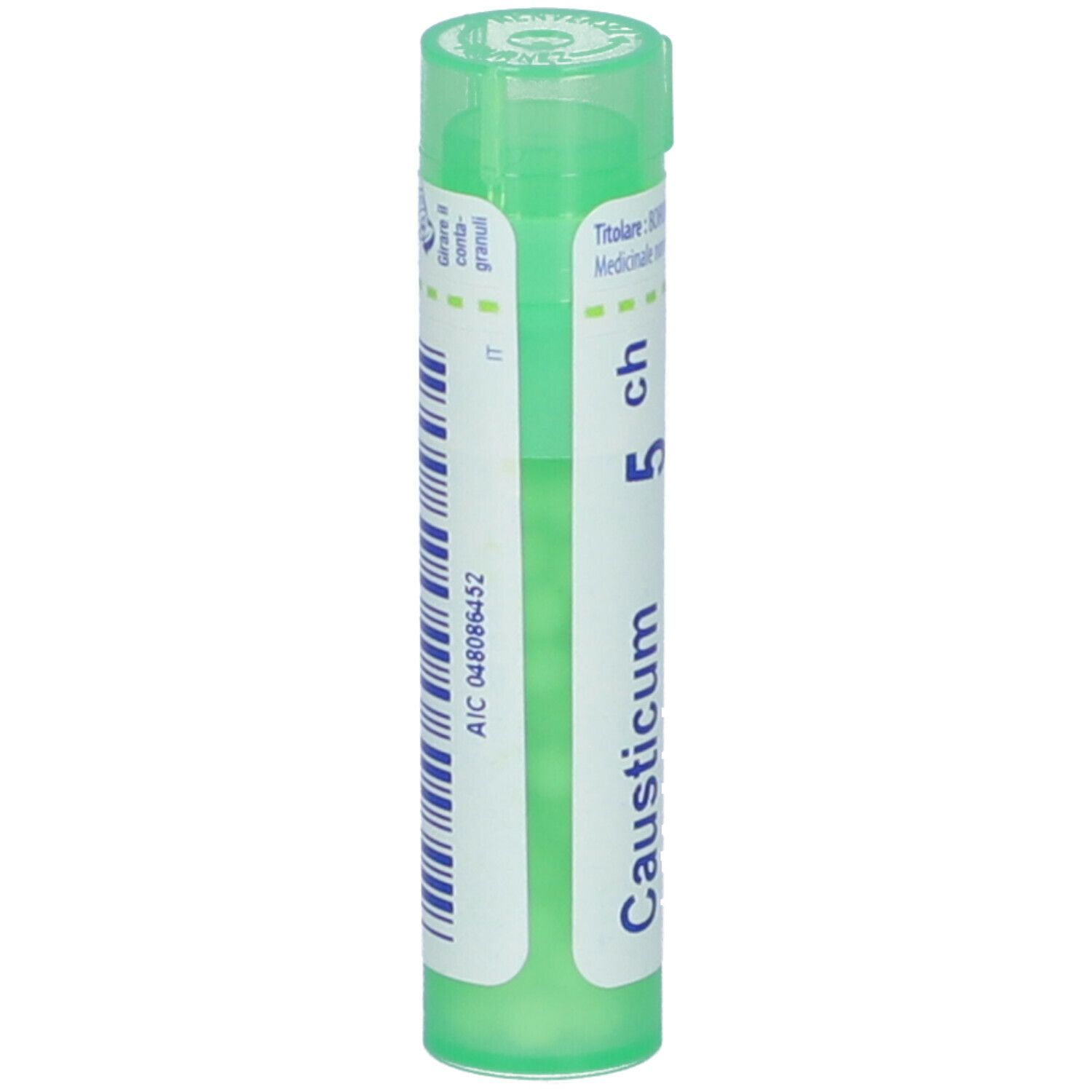 Confezione cilindrica, tappo verde. Scritta: Causticum 5 ch. Etichetta con codice a barre e numero di riferimento.