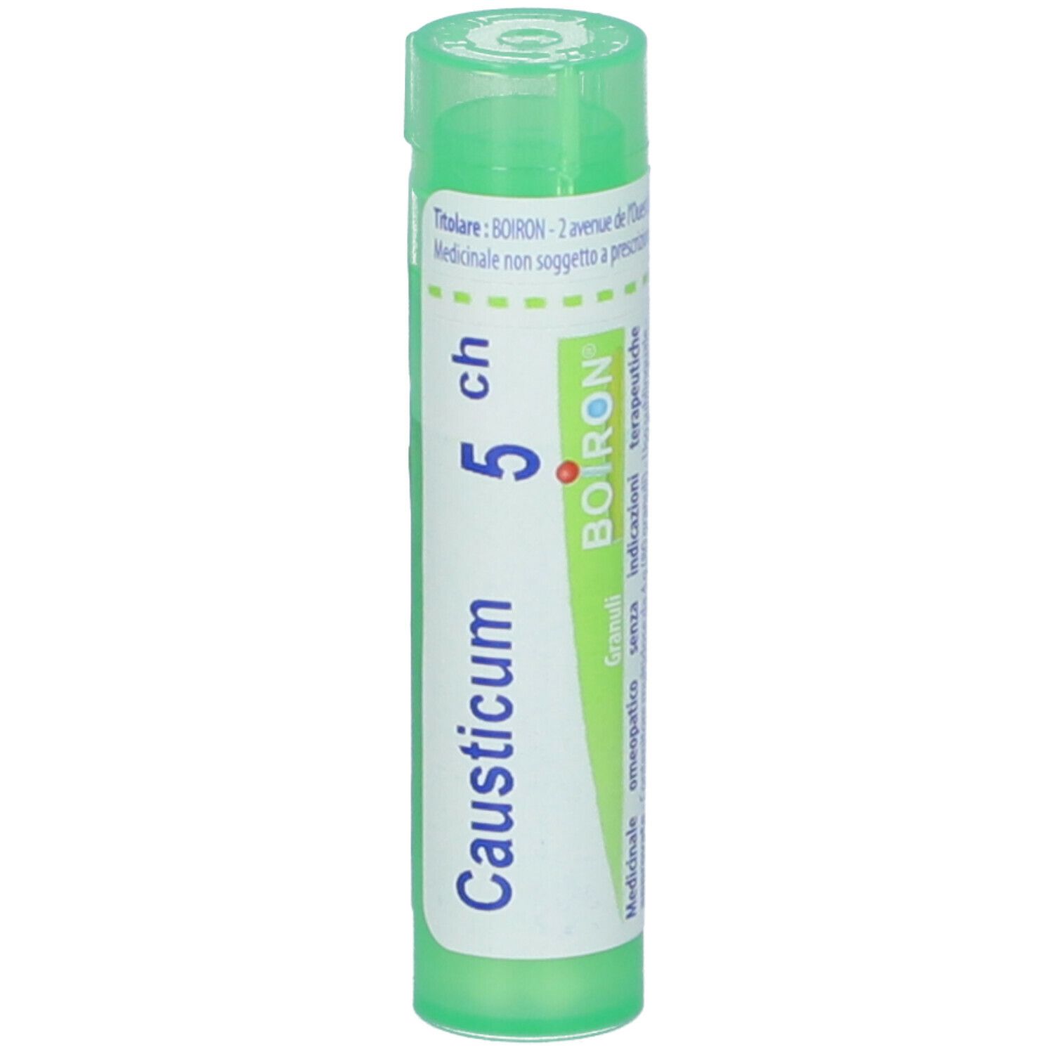 Confezione cilindrica, tappo verde. Scritta: Causticum 5 ch, BOIRON. Punto rosso.