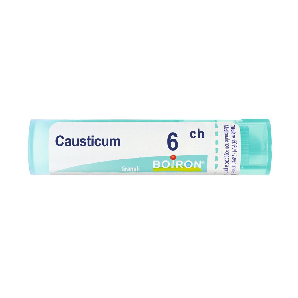 Confezione cilindrica di Causticum 6 ch Granuli Boiron. Colori turchese e bianco. Nome del prodotto e dosaggio visibili.
