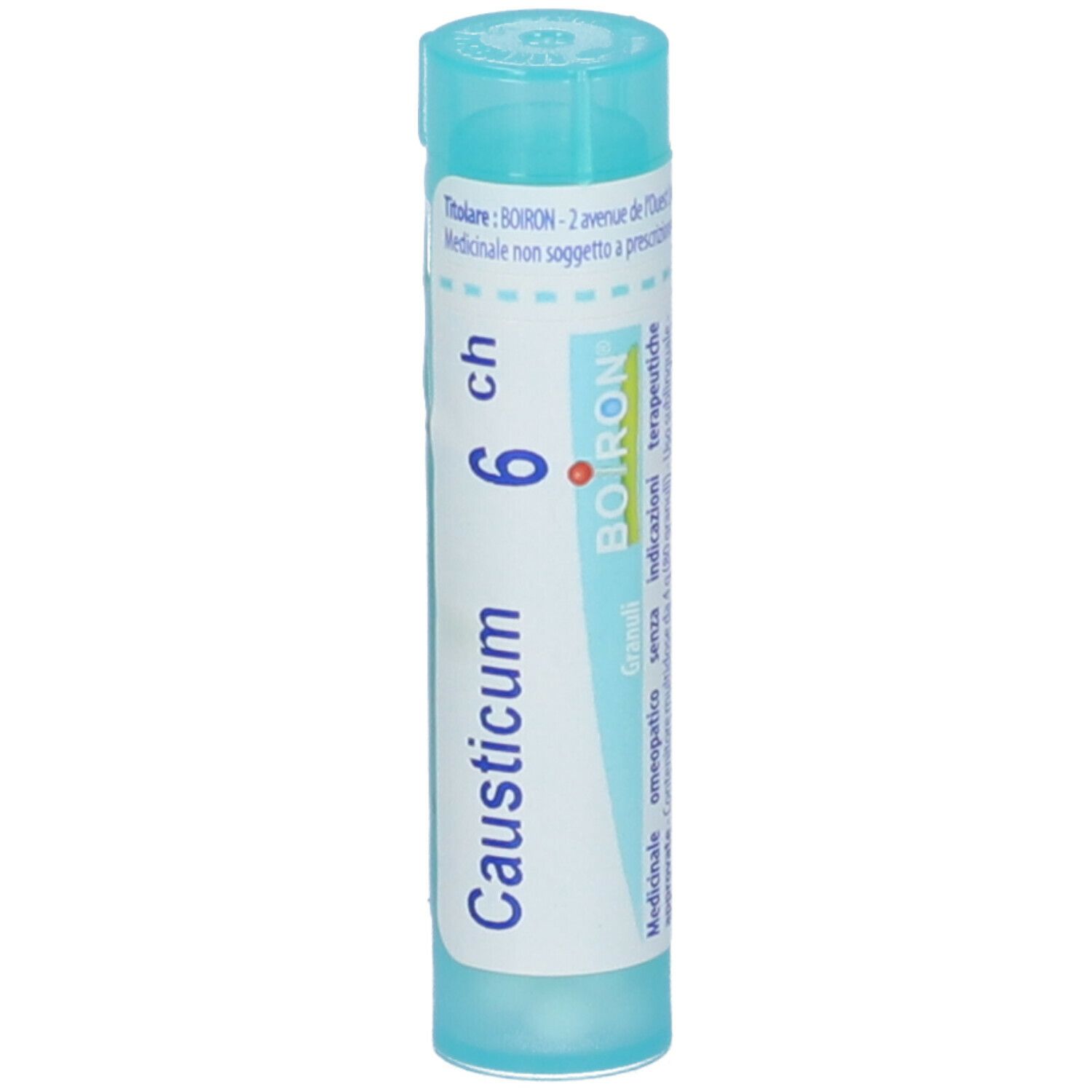 Confezione cilindrica Causticum 6 ch. Colori turchese e bianco. Nome, dosaggio e logo Boiron visibili. Orientamento verticale.