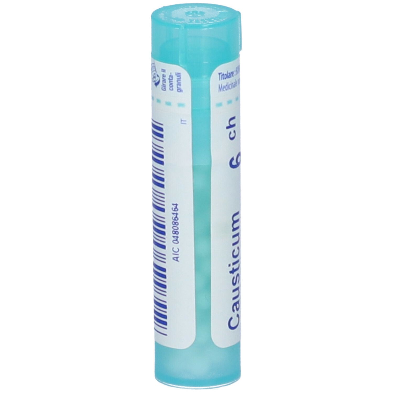 Confezione cilindrica Causticum 6 ch. Colori turchese e bianco. Retro con codice a barre e informazioni. Orientamento verticale.