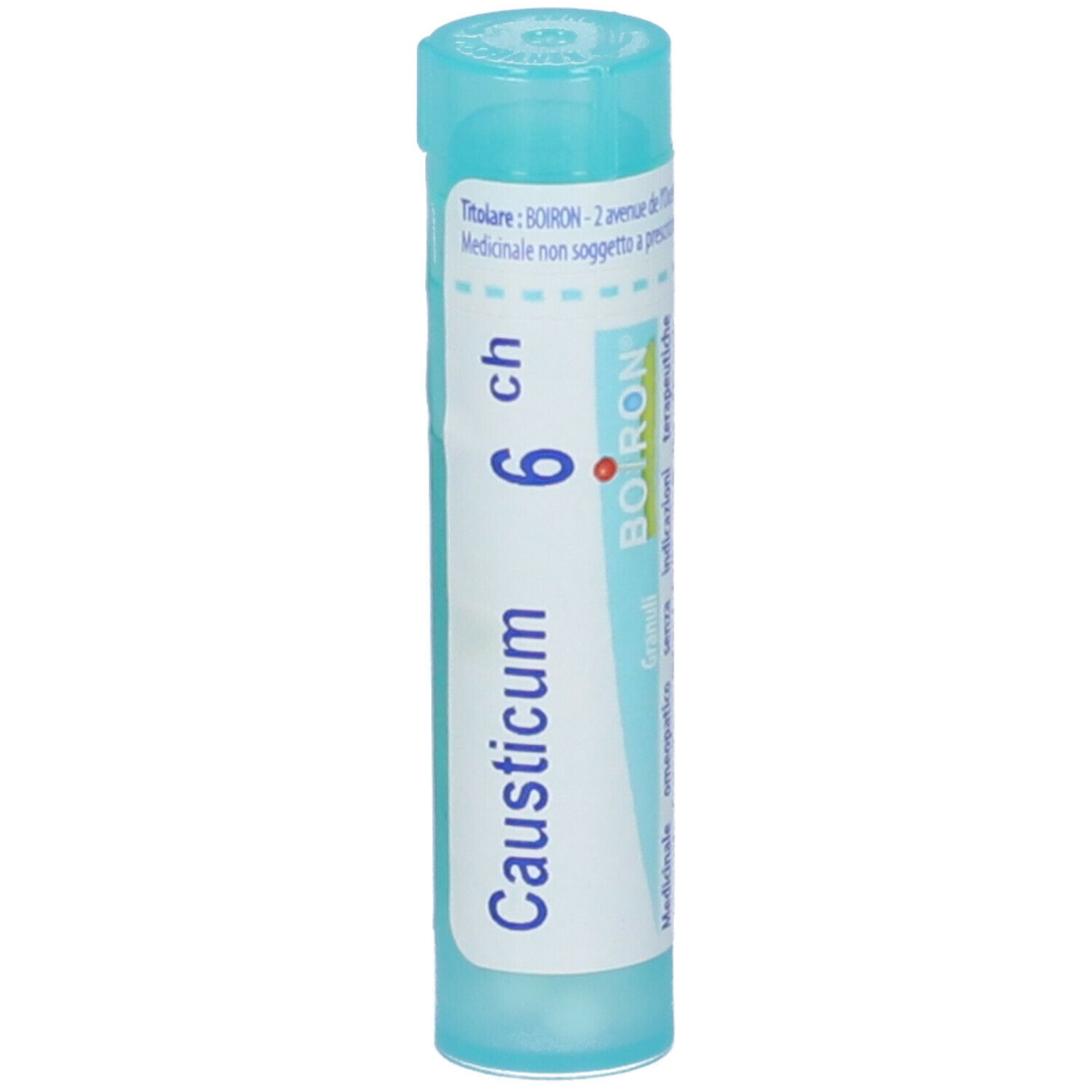 Confezione cilindrica Causticum 6 ch. Colori turchese e bianco. Nome, dosaggio e logo Boiron visibili. Orientamento verticale.