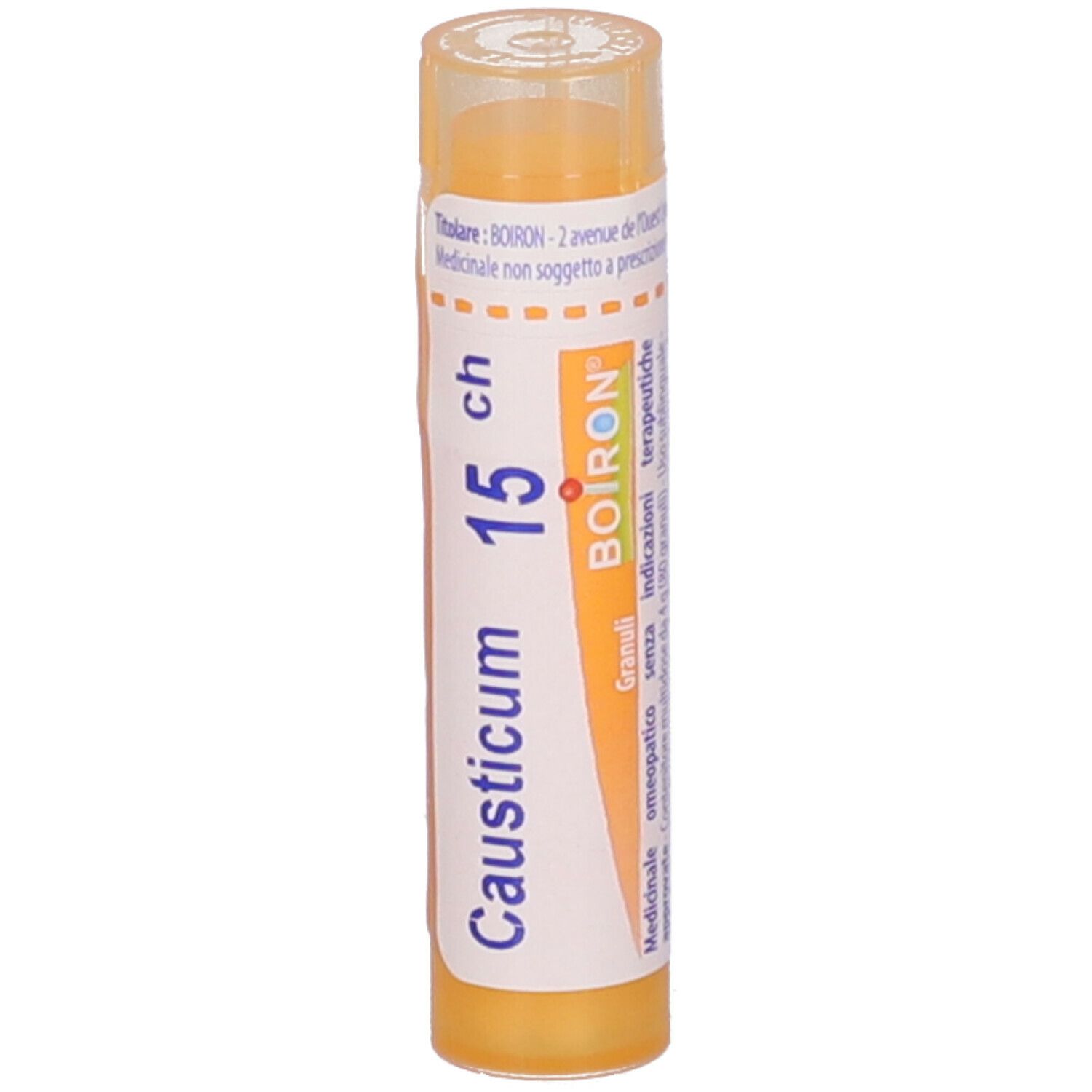 Confezione cilindrica Causticum 15 ch Boiron. Liquido giallo visibile. Etichetta bianca con informazioni sul prodotto.
