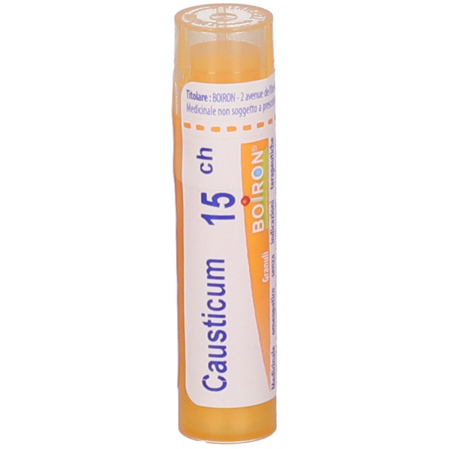 Confezione cilindrica Causticum 15 ch Boiron. Liquido giallo visibile. Etichetta bianca con informazioni sul prodotto.