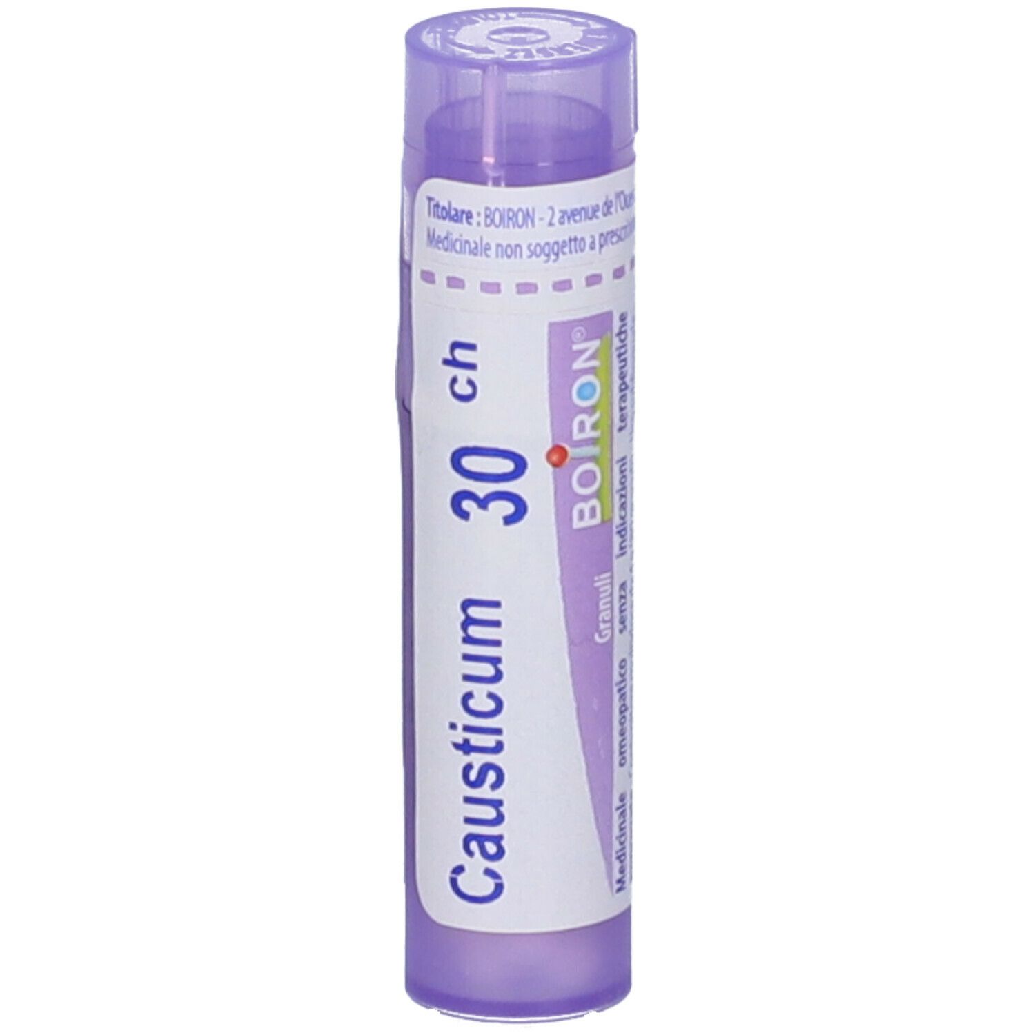 Flacone cilindrico viola. Scritta: Causticum 30 ch, BOIRON. Etichetta con informazioni prodotto.