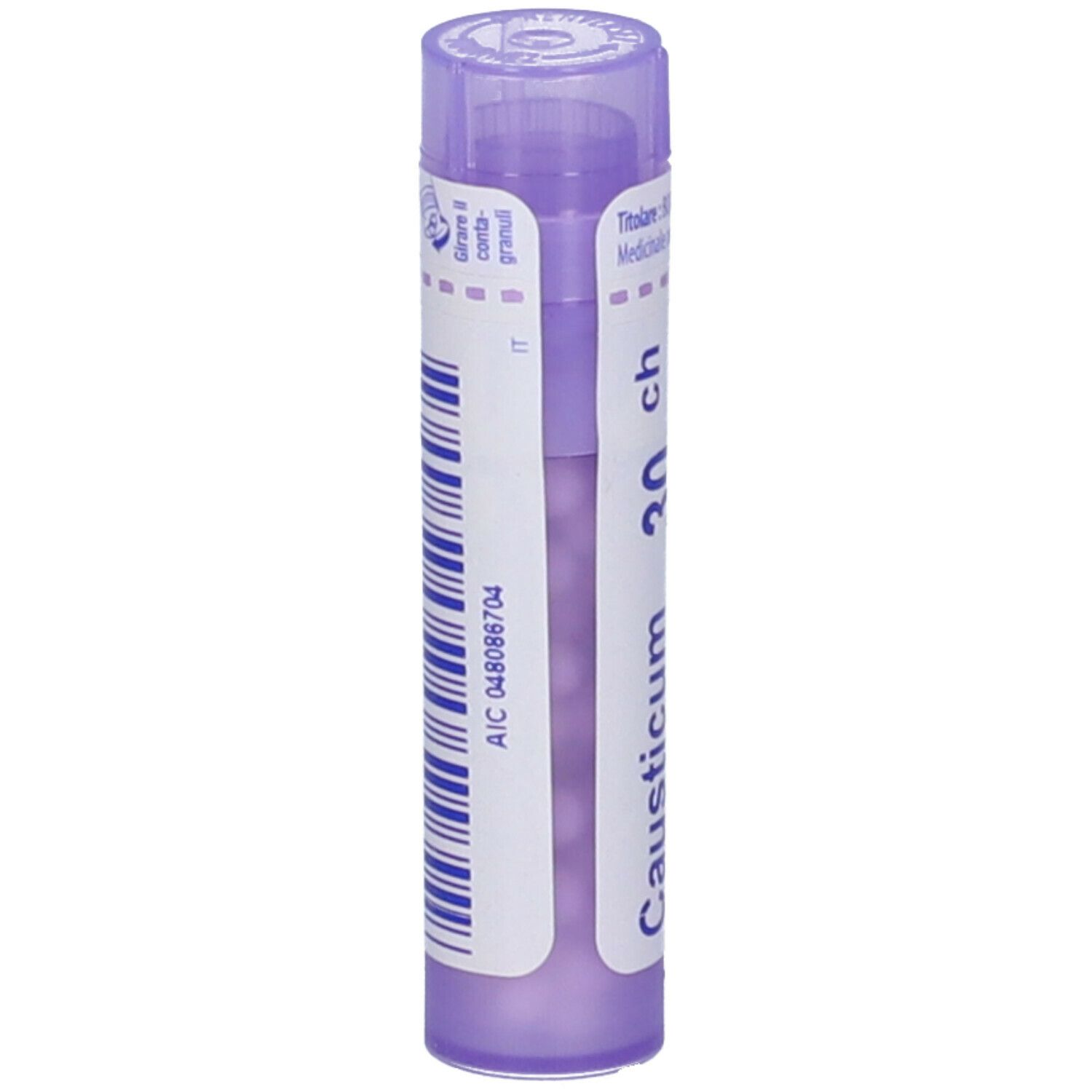 Flacone cilindrico viola con codice a barre e informazioni prodotto. Scritta: Causticum 30 ch.