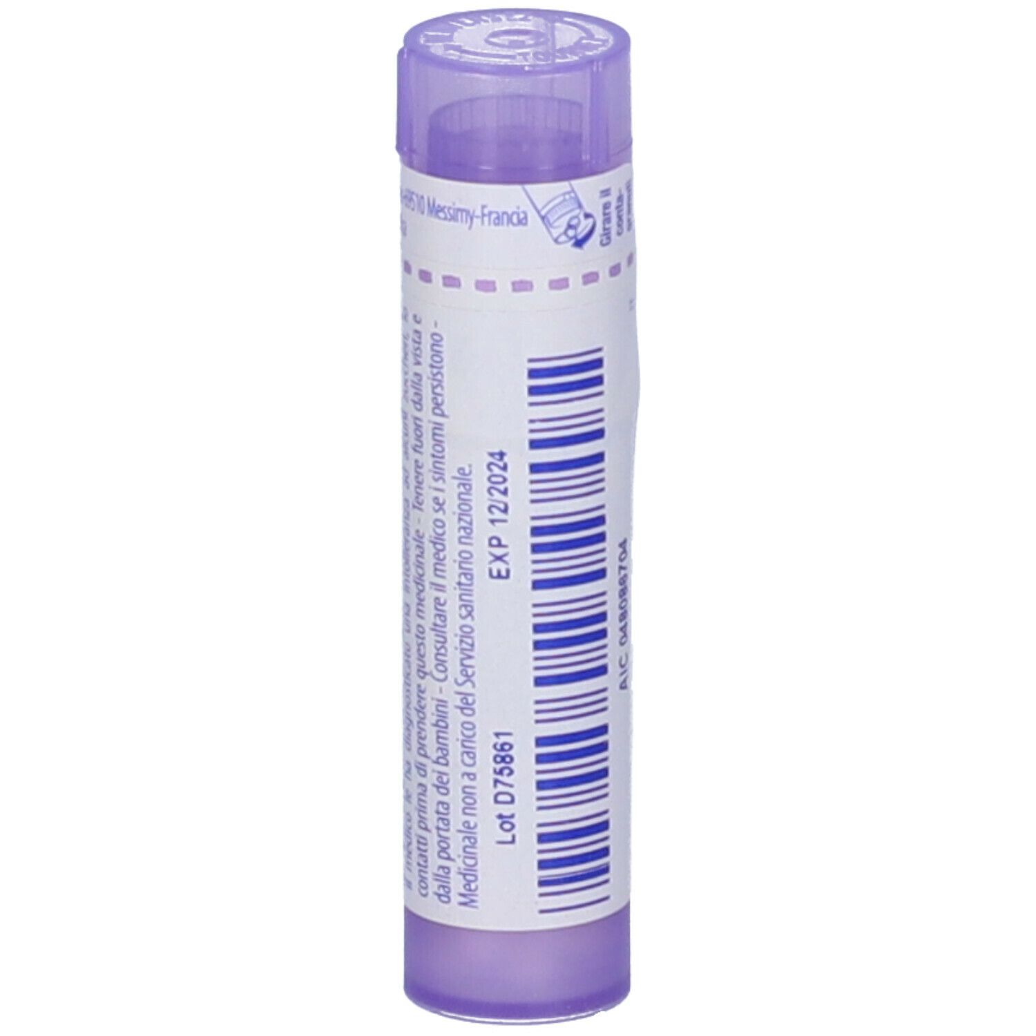 Flacone cilindrico viola con informazioni prodotto. Scritta: Causticum 30 ch. Scadenza: EXP 12/2024.