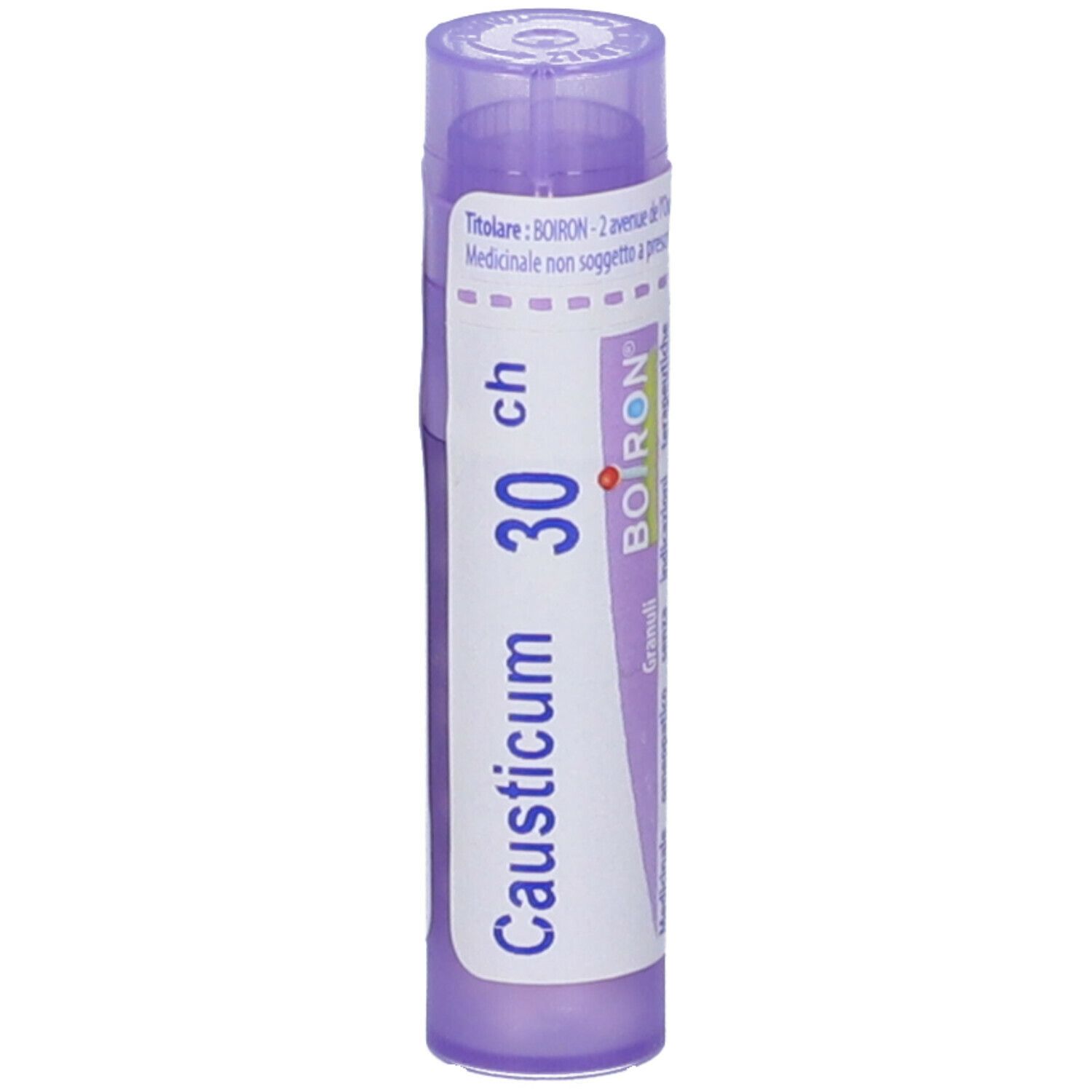 Flacone cilindrico viola. Scritta: Causticum 30 ch, BOIRON, Granuli. Informazioni prodotto.