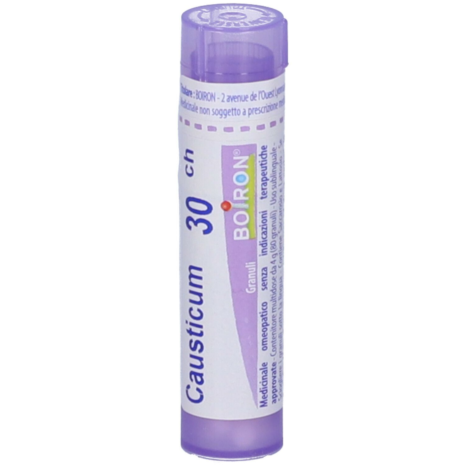 Flacone cilindrico viola. Scritta: Causticum 30 ch, BOIRON, Granuli. In alto: logo BOIRON.