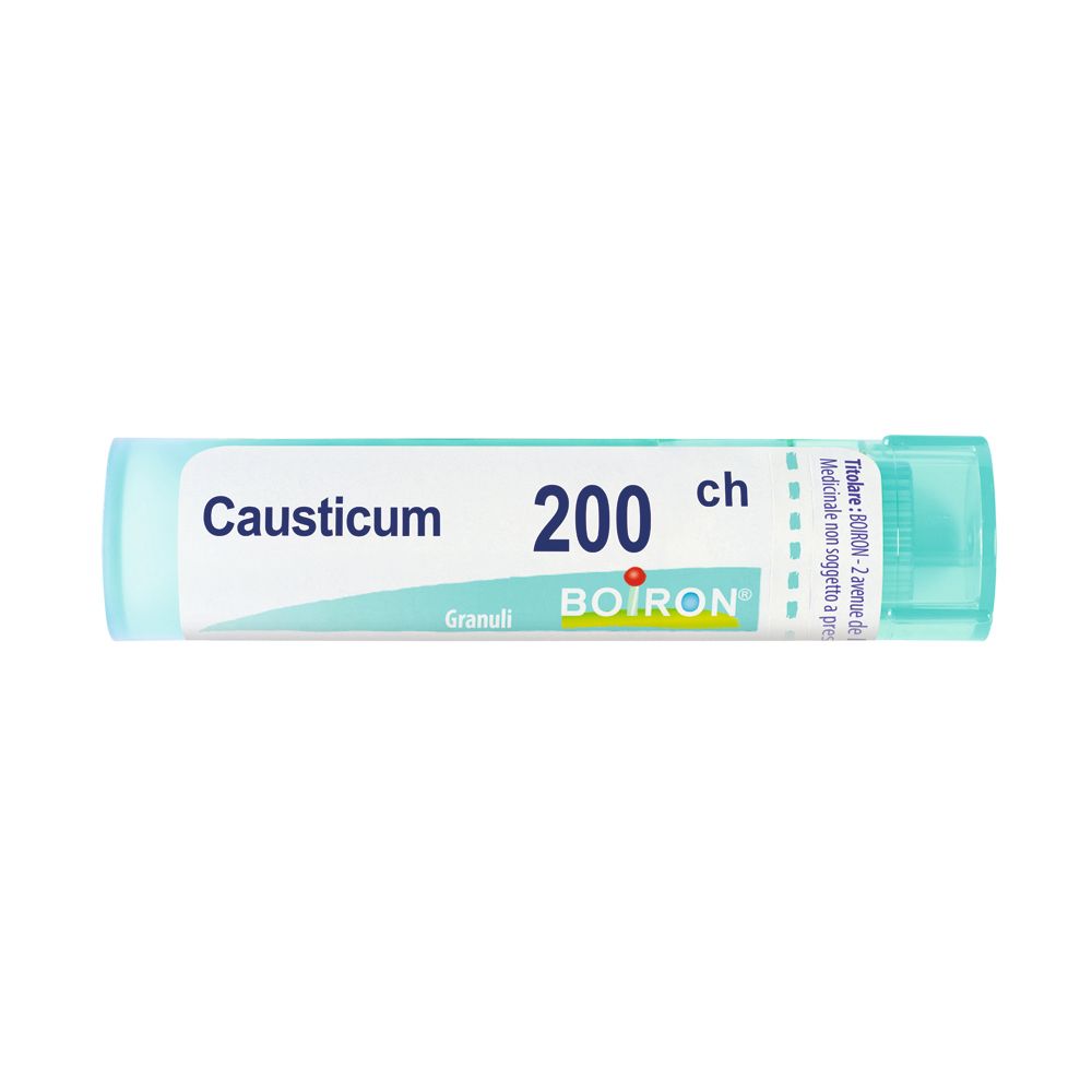 Confezione cilindrica con scritto "Causticum 200 ch". Marchio BOIRON. Colori turchese e bianco.