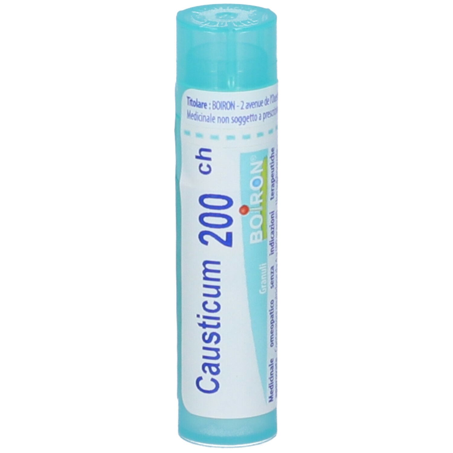 Confezione cilindrica con "Causticum 200 ch". Marchio BOIRON. Colori turchese e bianco. Vista verticale.