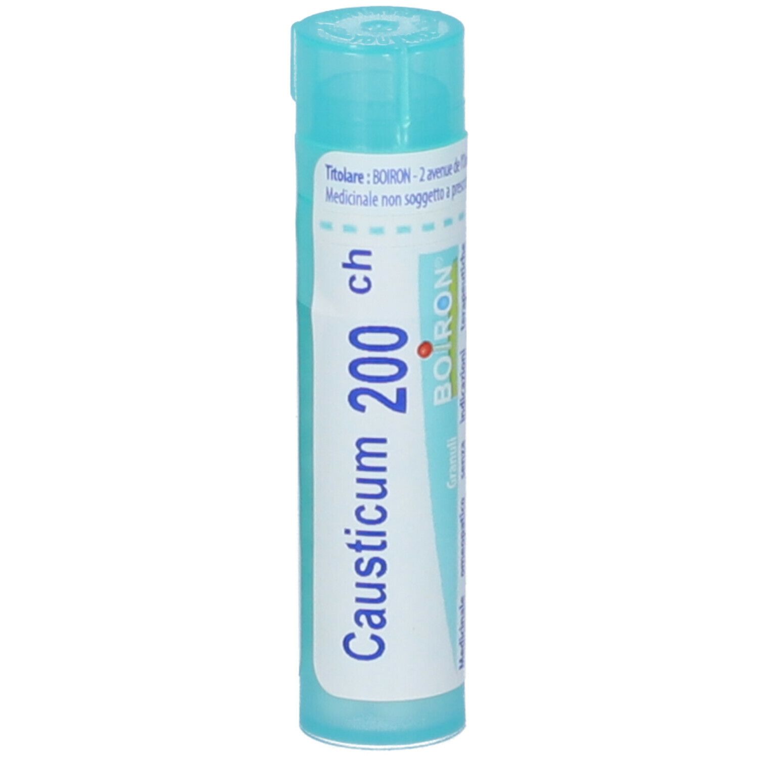 Confezione cilindrica con "Causticum 200 ch". Marchio BOIRON. Colori turchese e bianco. Vista dettagliata.