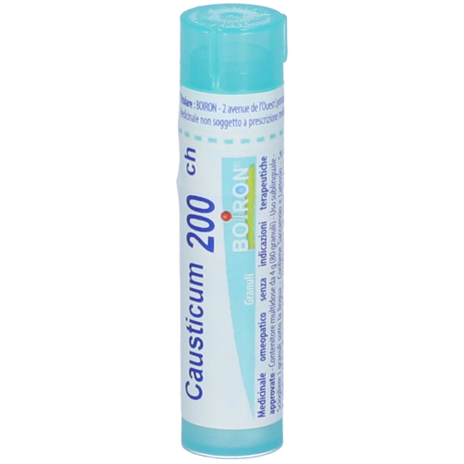 Confezione cilindrica con "Causticum 200 ch". Marchio BOIRON. Colori turchese e bianco. Vista dettagliata.