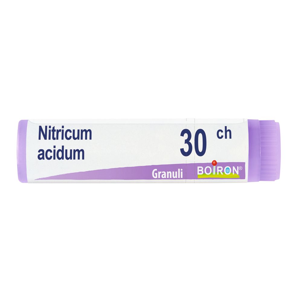 Confezione cilindrica con "Nitricum acidum 30 ch Granuli Boiron". Colori viola e bianco. Tappo viola.