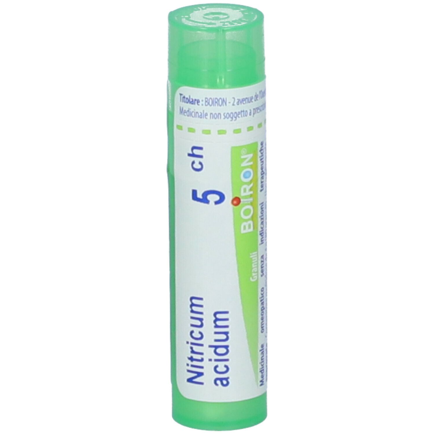 Tubo verde con etichetta bianca. Scritta: Nitricum acidum, 5 ch, BOIRON. Granuli.
