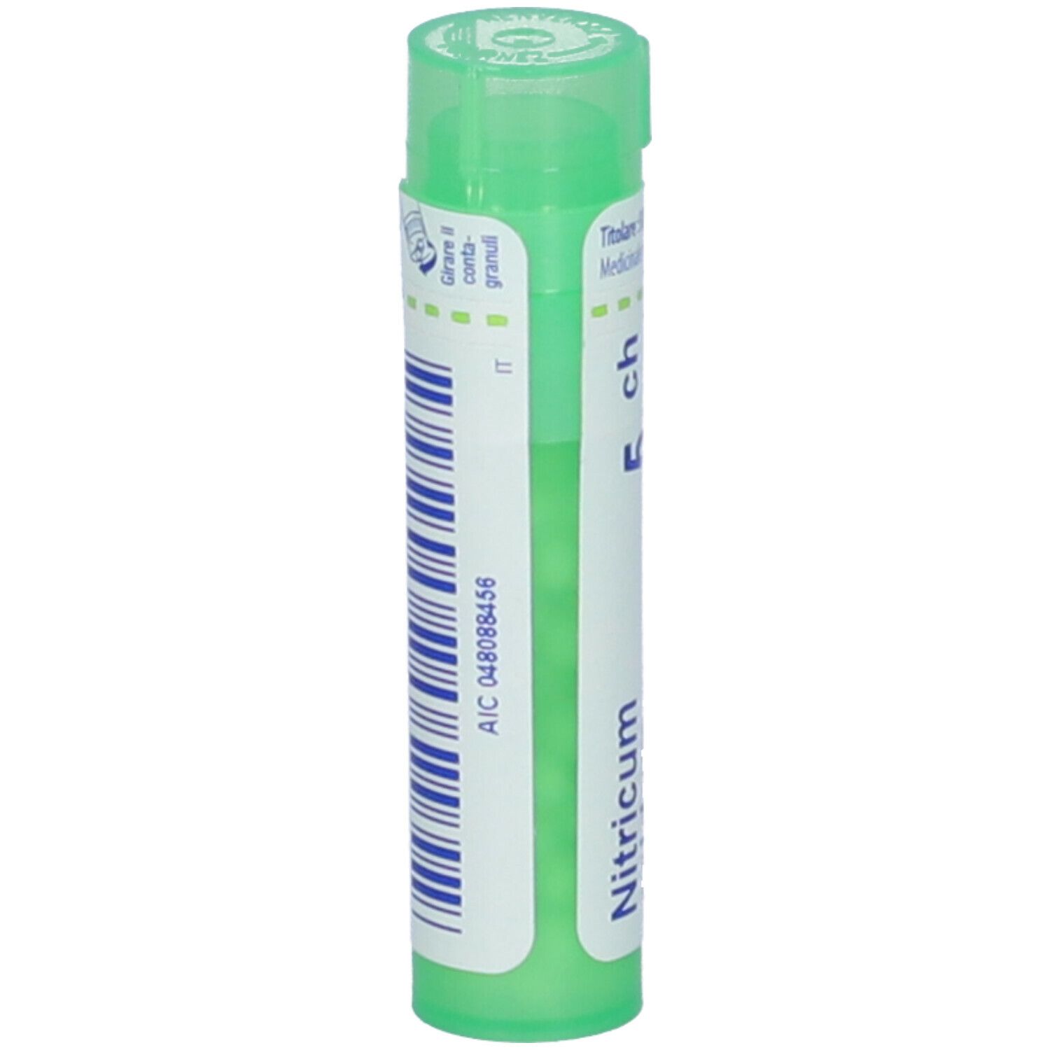 Tubo verde con etichetta bianca. Scritta: Nitricum acidum, 5 ch, BOIRON. Granuli.