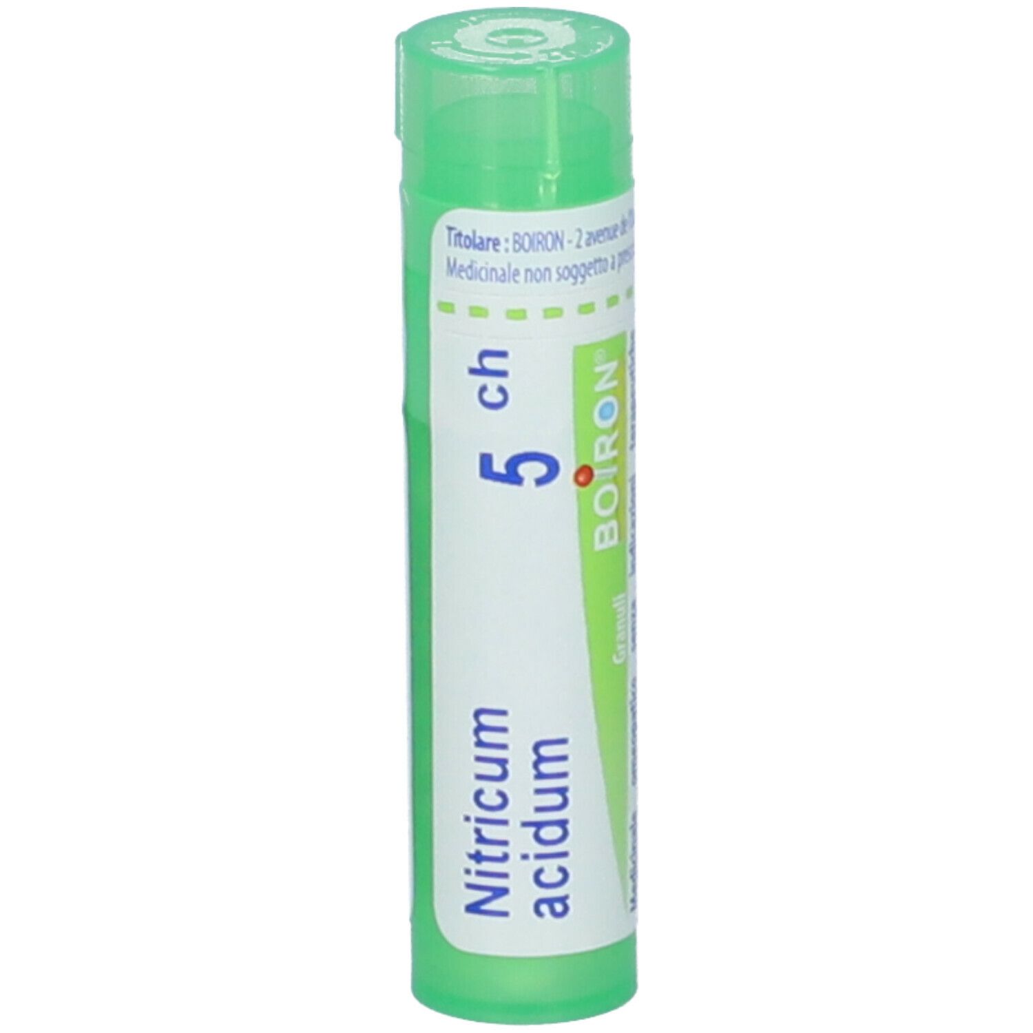 Tubo verde con etichetta bianca. Scritta: Nitricum acidum, 5 ch, BOIRON. Granuli.