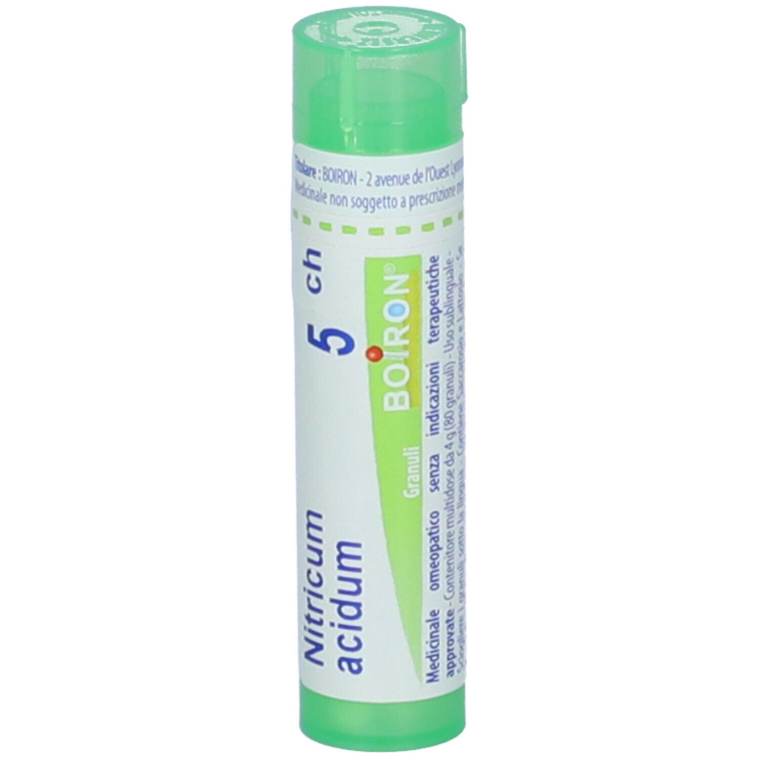 Tubo verde con etichetta bianca. Scritta: Nitricum acidum, 5 ch, BOIRON. Granuli.