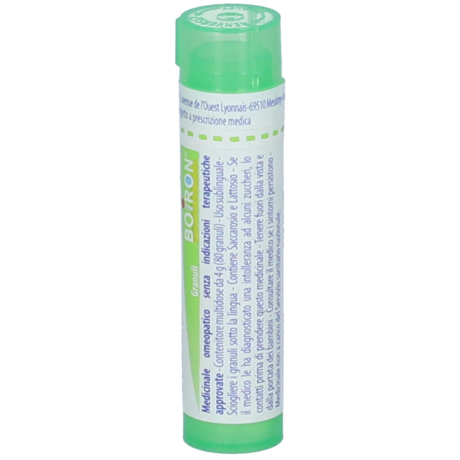 Tubo verde con etichetta bianca. Scritta: Nitricum acidum, 5 ch, BOIRON. Granuli.