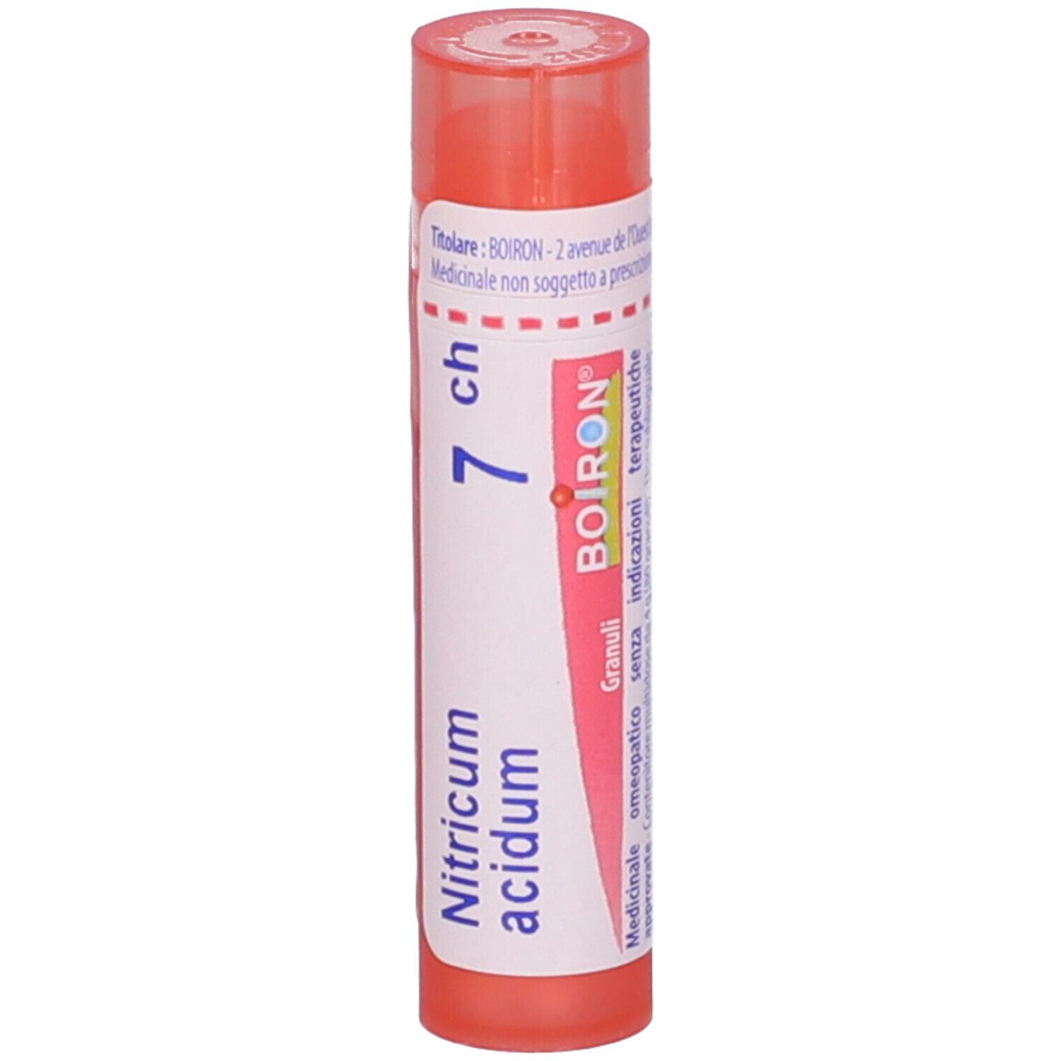 Confezione cilindrica, tappo rosa. Scritta: Nitricum acidum, 7 ch, BOIRON. Granuli.