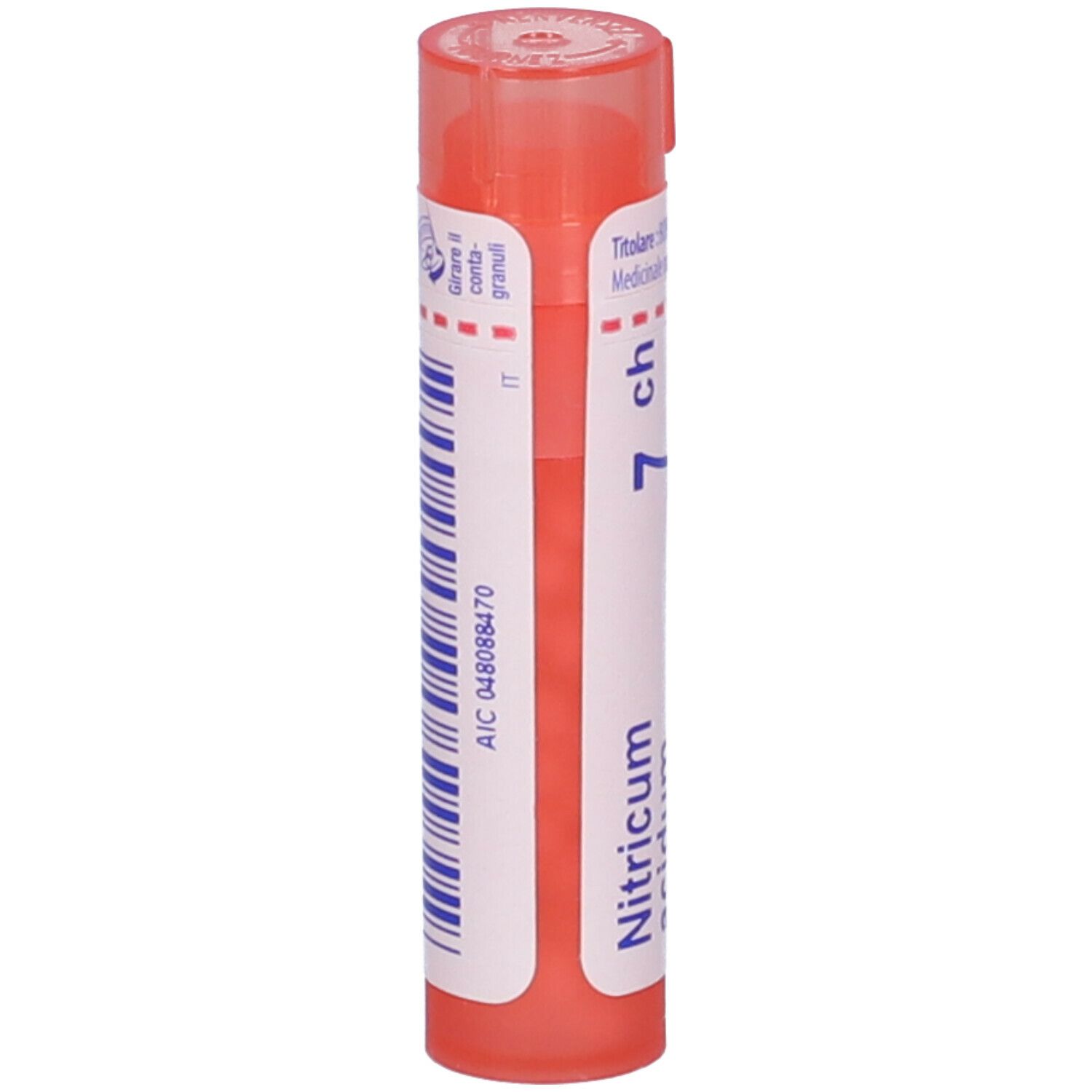Confezione cilindrica, tappo rosa. Codice a barre e scritta: Nitricum acidum, 7 ch.